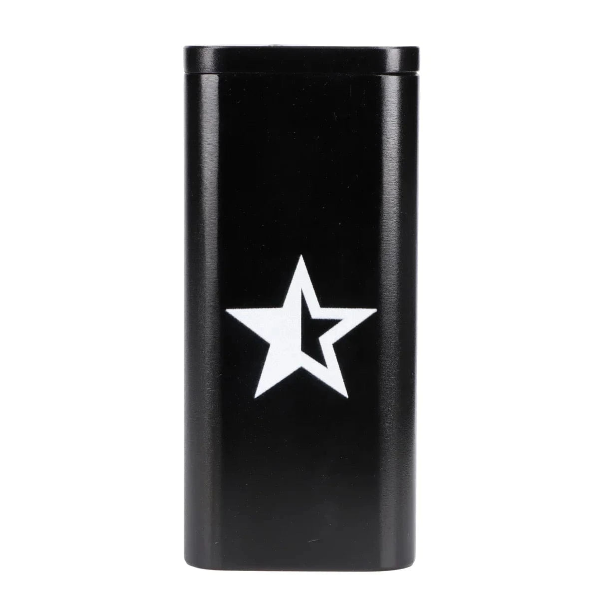 Front-facing shot of the Famous X Aluminum Dugout showing a black rectangular metal case with a white star graphic centered on the front.