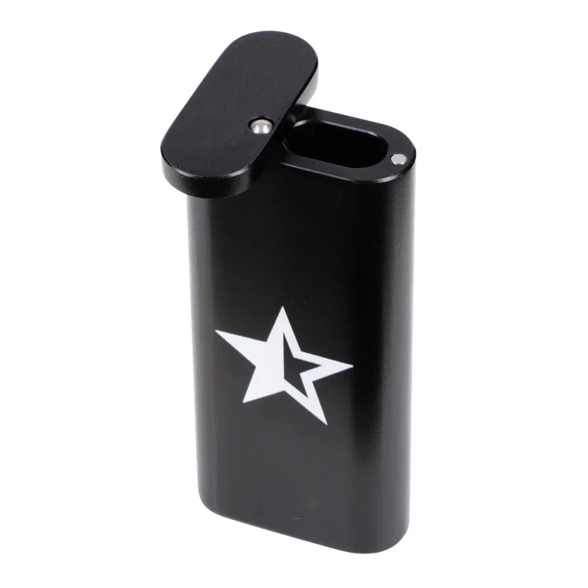 Angled front view of the Famous X Aluminum Dugout in champagne-colored metal with its hinged lid open and a white star logo on the front.