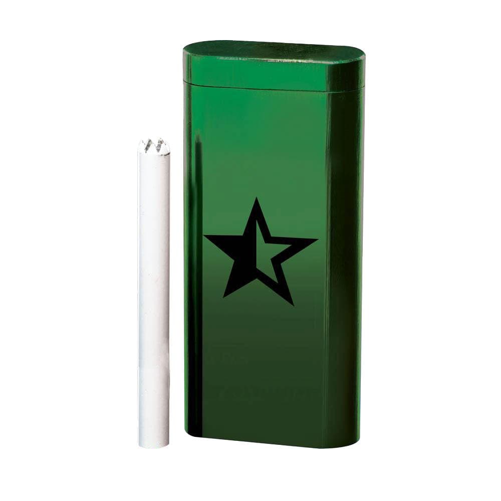 Front three-quarter view of the green Famous X Aluminum Dugout with a black star logo, shown next to a white metal poker on a white background.