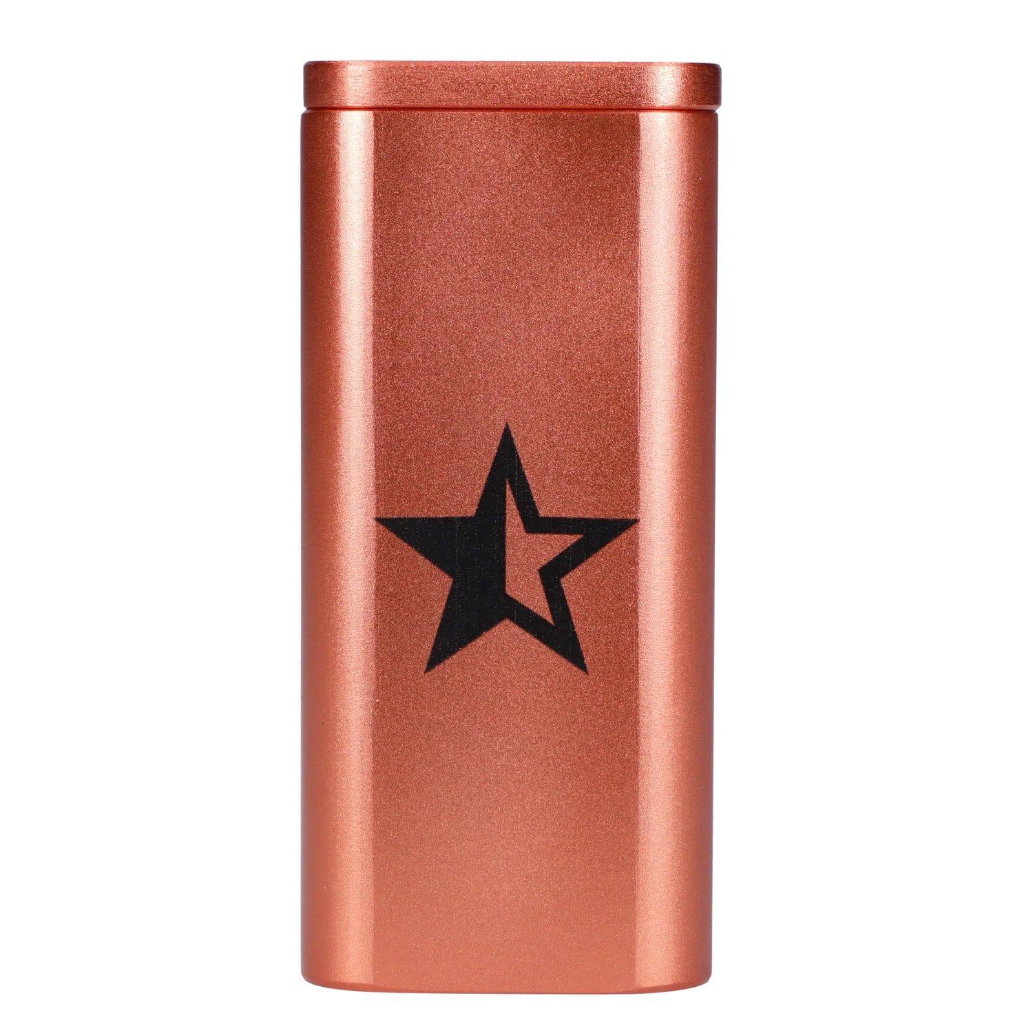 Close-up frontal view of the Famous X Aluminum Dugout in metallic copper showing its rectangular top edge and a black star logo.