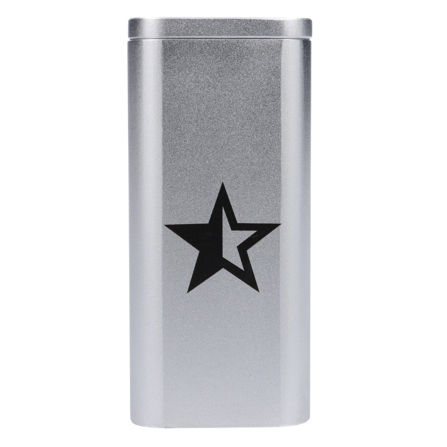 Front-facing view of the silver Famous X Aluminum Dugout with a black star logo centered on its textured face