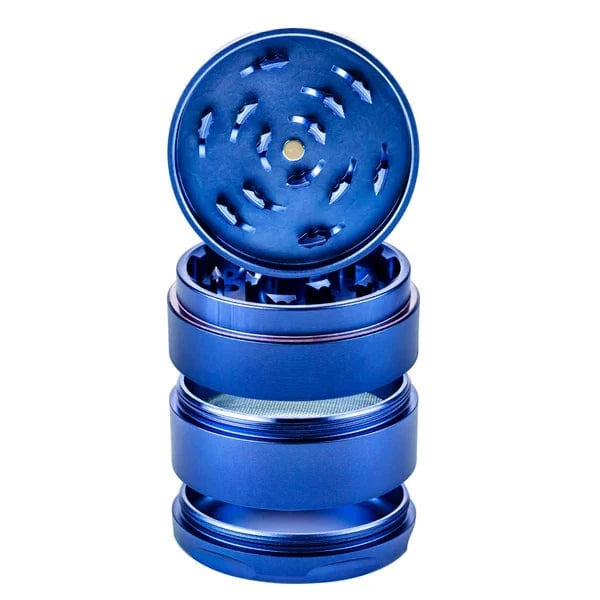 Top-down close-up of the open Famous X Trailer Park Boys Grinder - Assorted Colors showing blue anodized metal chambers, teeth, and mesh screen.