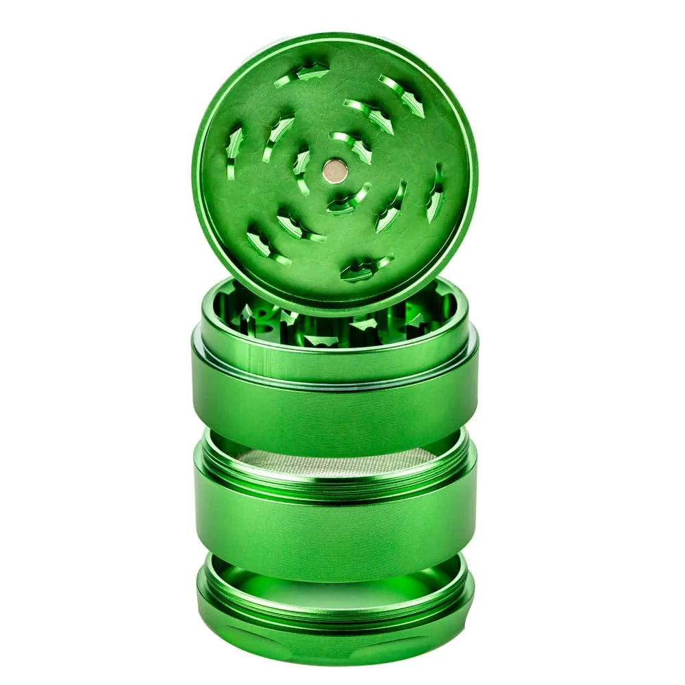 Top-down view of the open Famous X Trailer Park Boys Grinder - Assorted Colors showing bright green anodized metal layers, teeth, mesh screen, and stacked chambers.