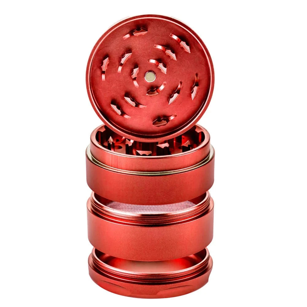 Close-up front view of the Famous X Trailer Park Boys Grinder - Assorted Colors in a metallic red stacked four-piece configuration against a white background.