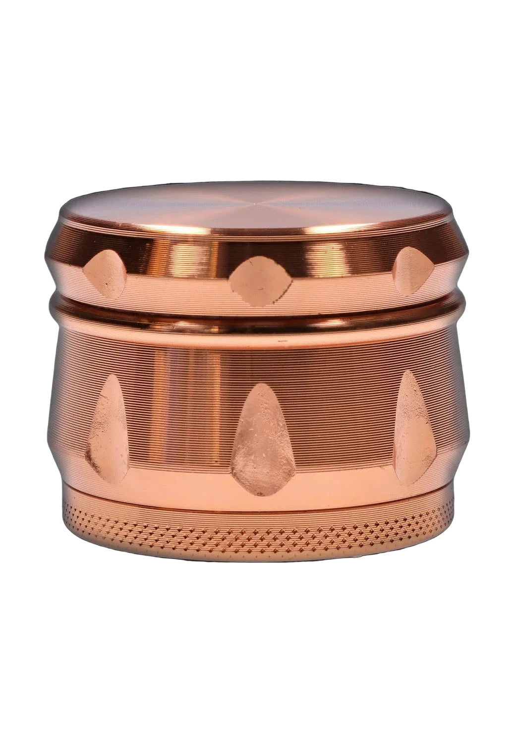 Close-up front view of the copper-toned DHC Grooved 3-Stage Grinder - 62mm showing its textured rings, teardrop grooves, and reflective top against a white background.