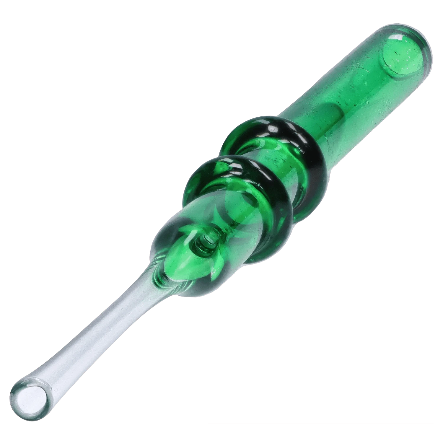 Angled close-up of the green DHC Double Rim Glass Straw showing two raised rim rings and a polished clear mouthpiece.