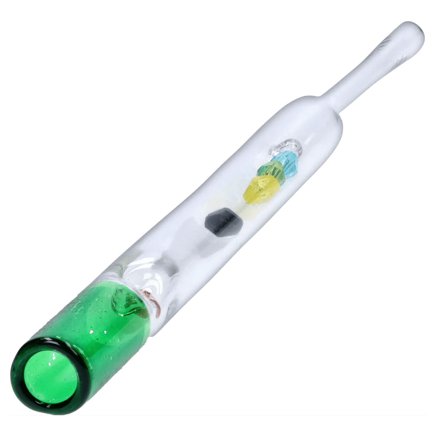 Diagonal close-up of the DHC Glass Straw with Beads showing a clear glass tube with a green mouthpiece and three internal colored beads.