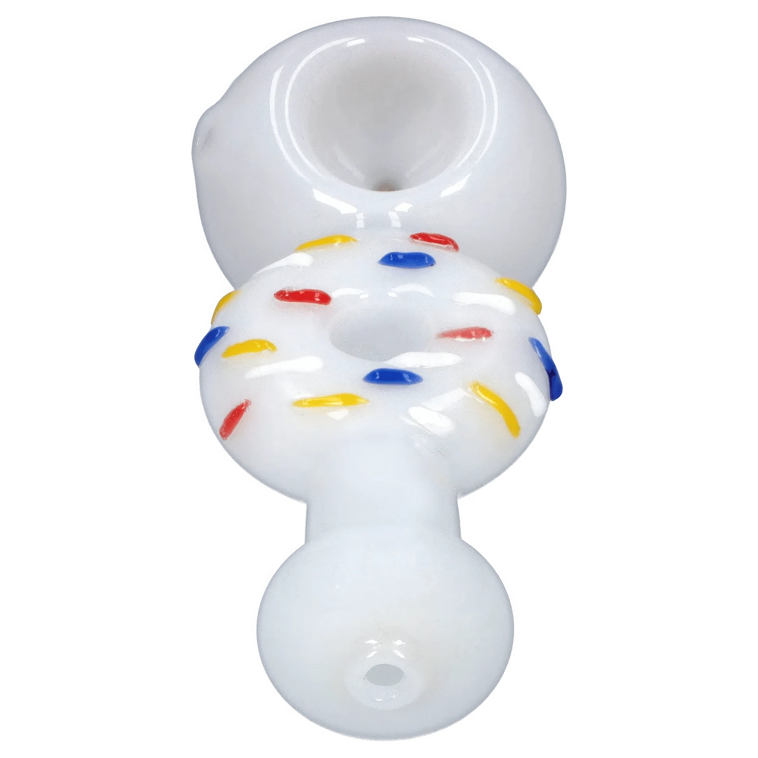 Top-down view of the white DHC Donut Reversal Spoon Pipe - 4.5 in. showing a donut-shaped bowl with red, blue, and yellow sprinkle dots.