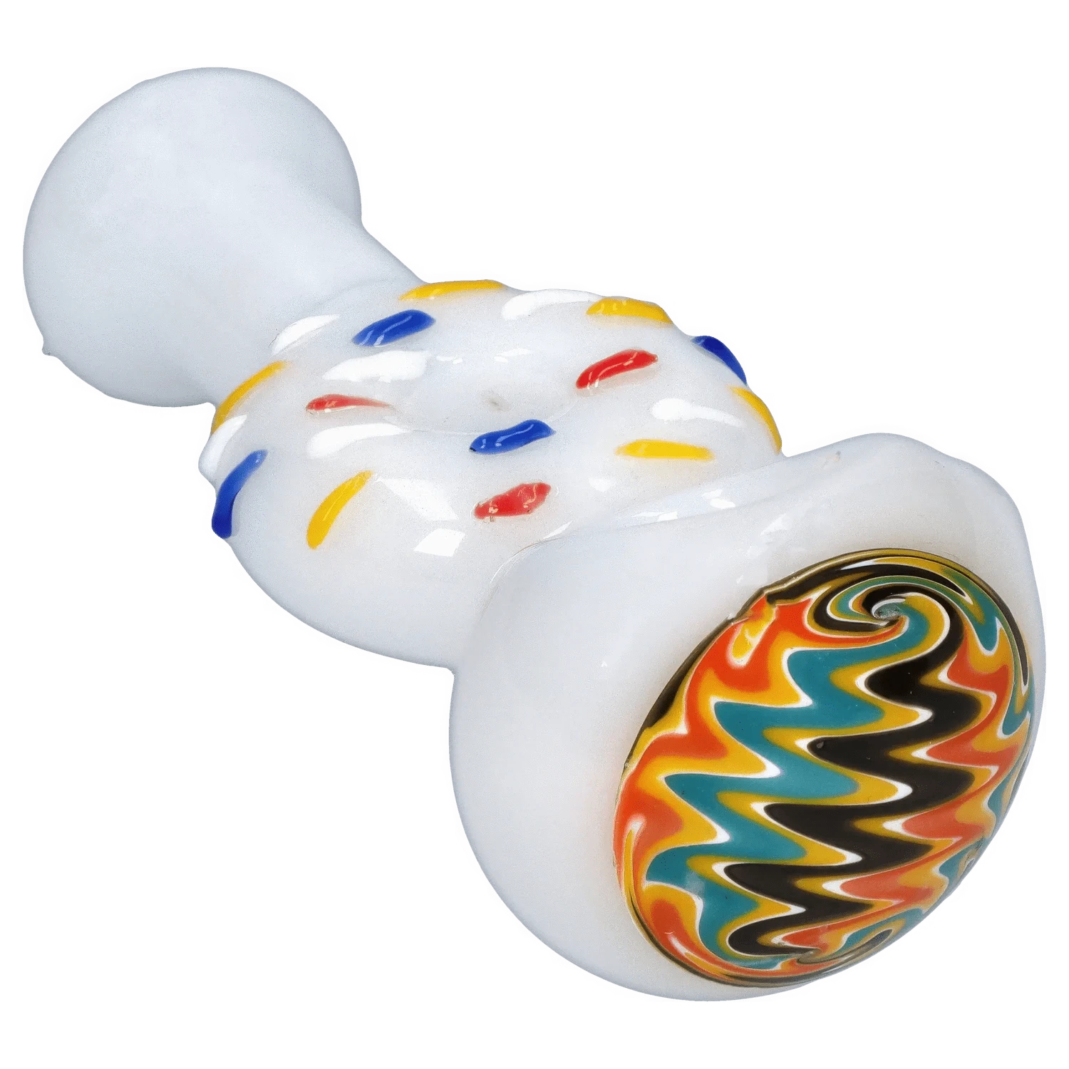 Angled close-up of the white DHC Donut Reversal Spoon Pipe - 4.5 in. showing multicolored sprinkle dots and a swirled rainbow glass accent on the bowl