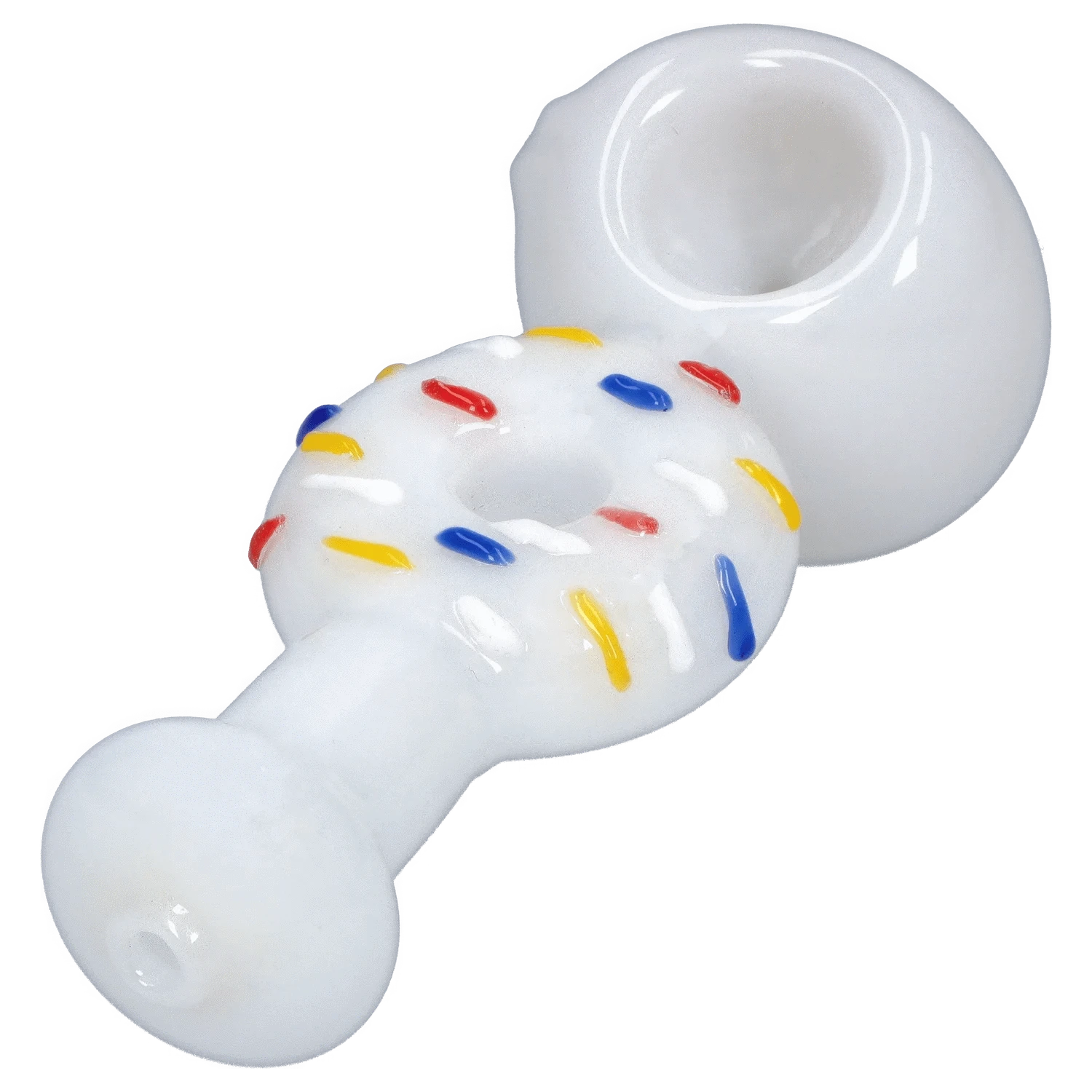 Angled close-up of the white DHC Donut Reversal Spoon Pipe - 4.5 in. showing a donut-shaped midsection with red, blue, yellow, and white sprinkles.