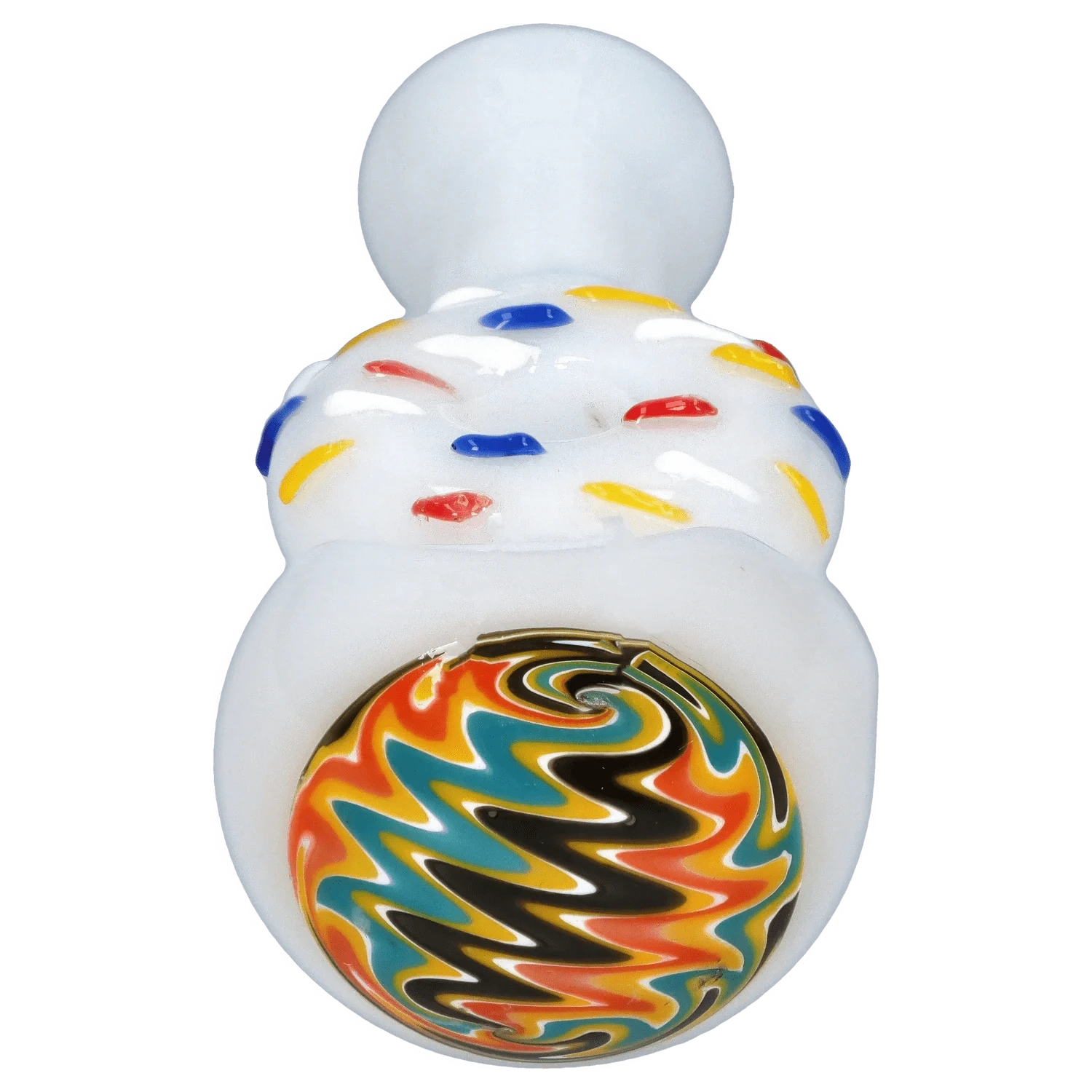 Top-down close-up of the DHC Donut Reversal Spoon Pipe - 4.5 in., showing its white glass body with multicolored sprinkle dots and a swirled, colorful marbled donut accent.