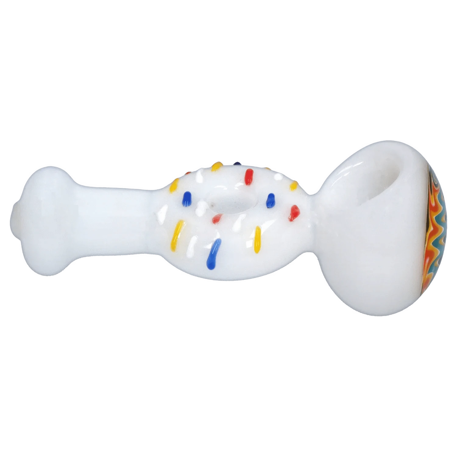 Side view of the white DHC Donut Reversal Spoon Pipe - 4.5 in. showing a doughnut-shaped midsection with colorful red, blue, yellow, and white sprinkles and a swirled patterned bowl.