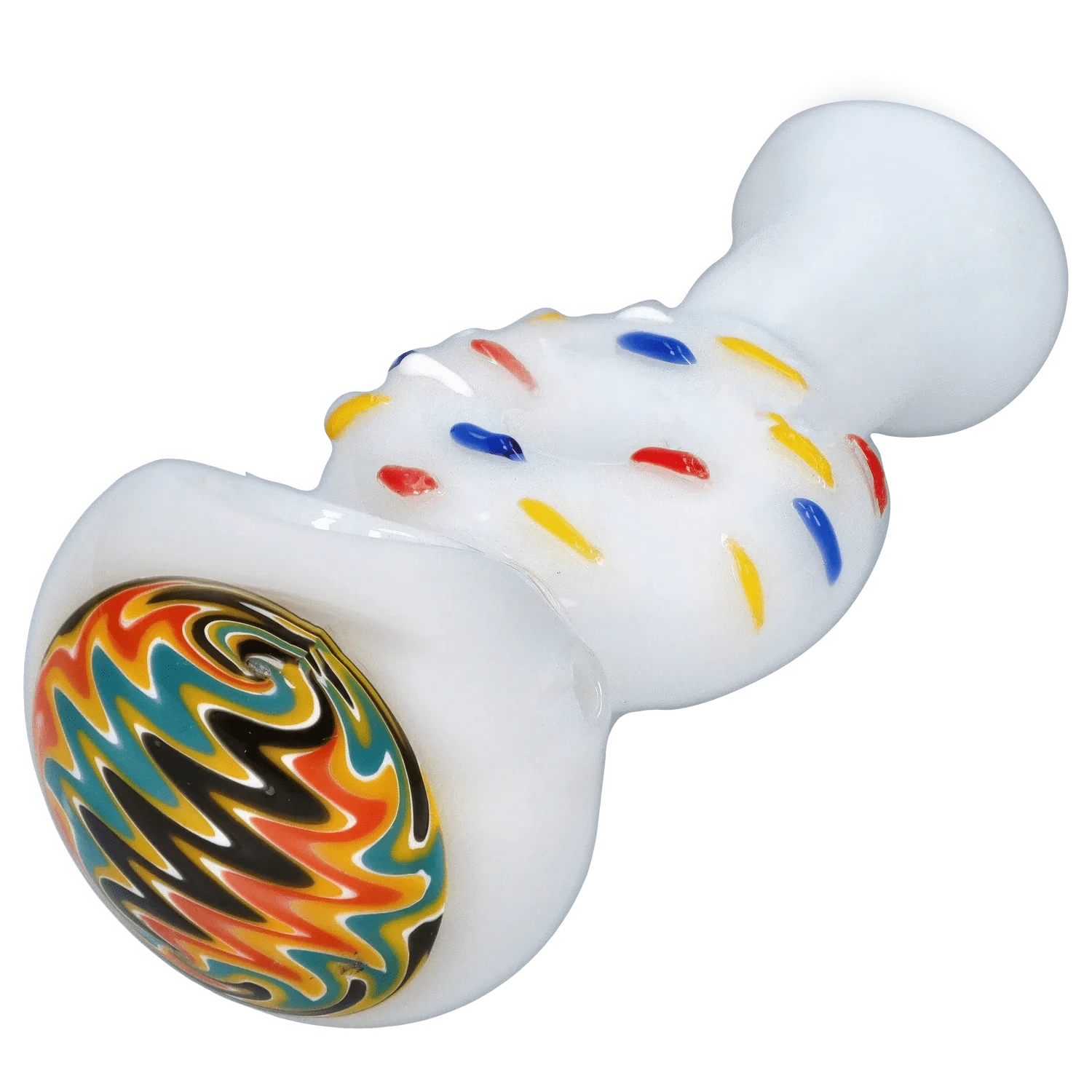 Angled close-up of the white DHC Donut Reversal Spoon Pipe - 4.5 in. showing colorful raised sprinkles and a swirled multicolor circular accent.