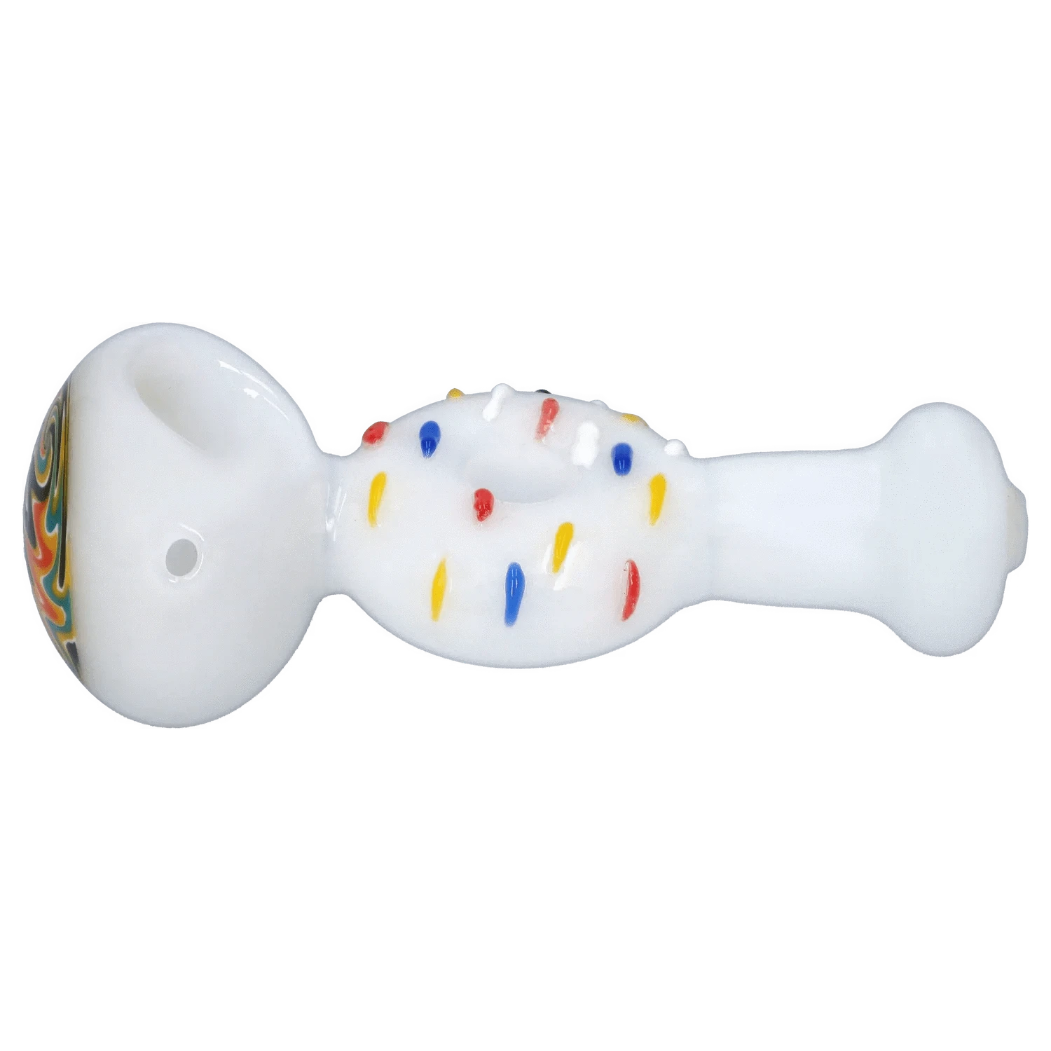 Side view of the DHC Donut Reversal Spoon Pipe - 4.5 in. showing a white glass spoon with colorful raised sprinkles and a patterned bowl edge.