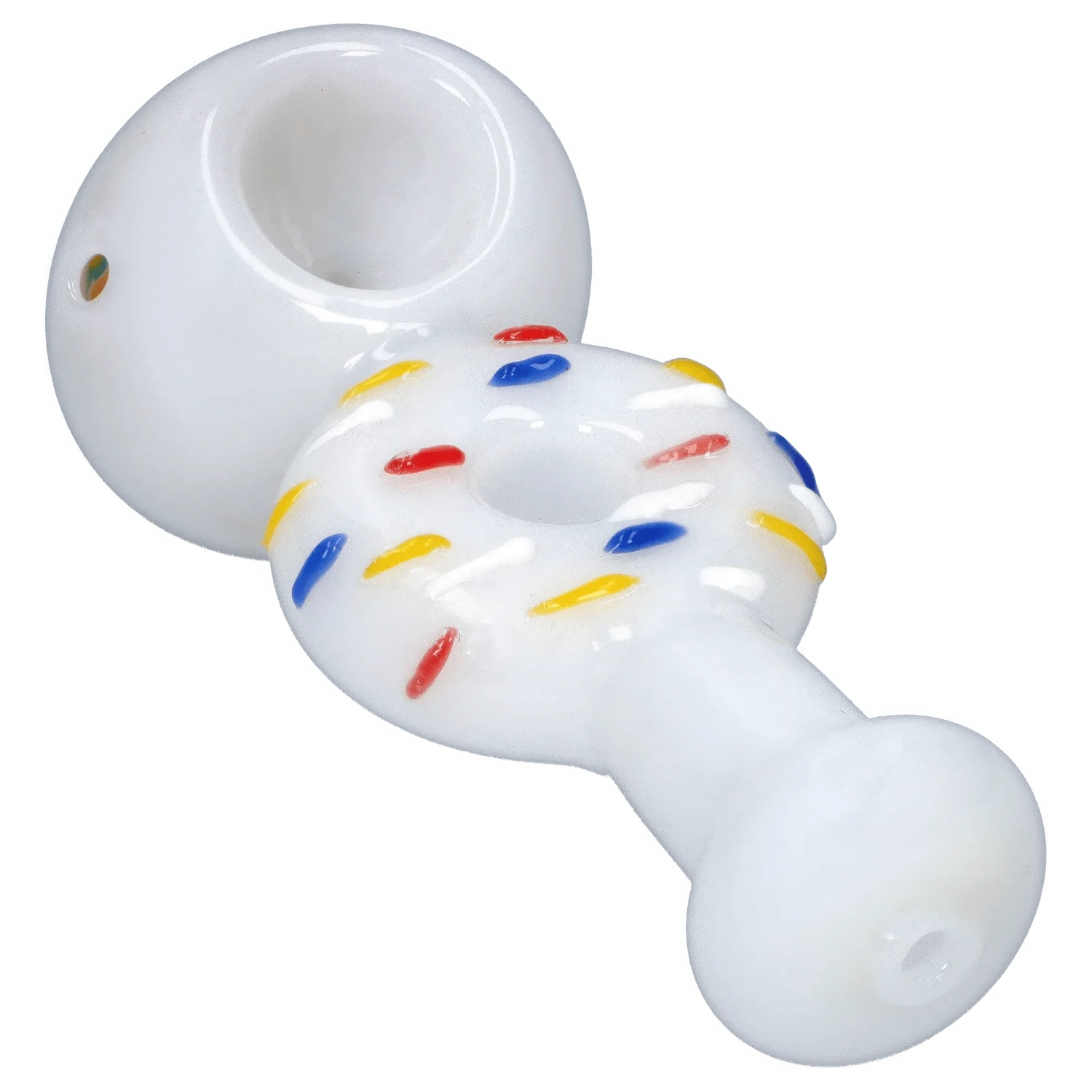 Angled close-up of the white DHC Donut Reversal Spoon Pipe showing the donut-shaped bowl with red, blue, and yellow sprinkle dots.
