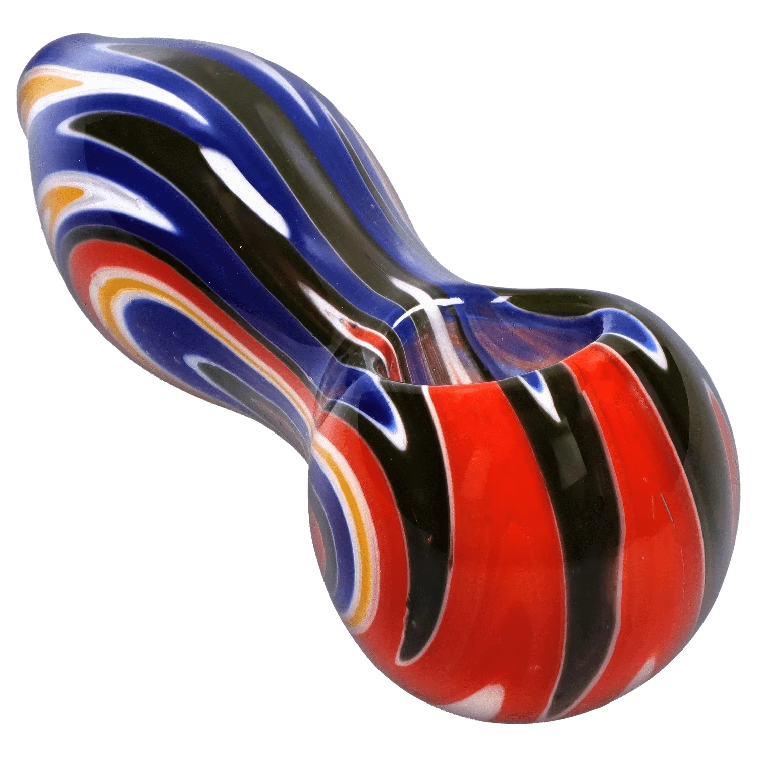 Close-up angled view of the DHC Slime Reversal Wig Wag Spoon Pipe - 4.5 in. showing glossy red, blue, black and white swirl bands around its curved bowl.