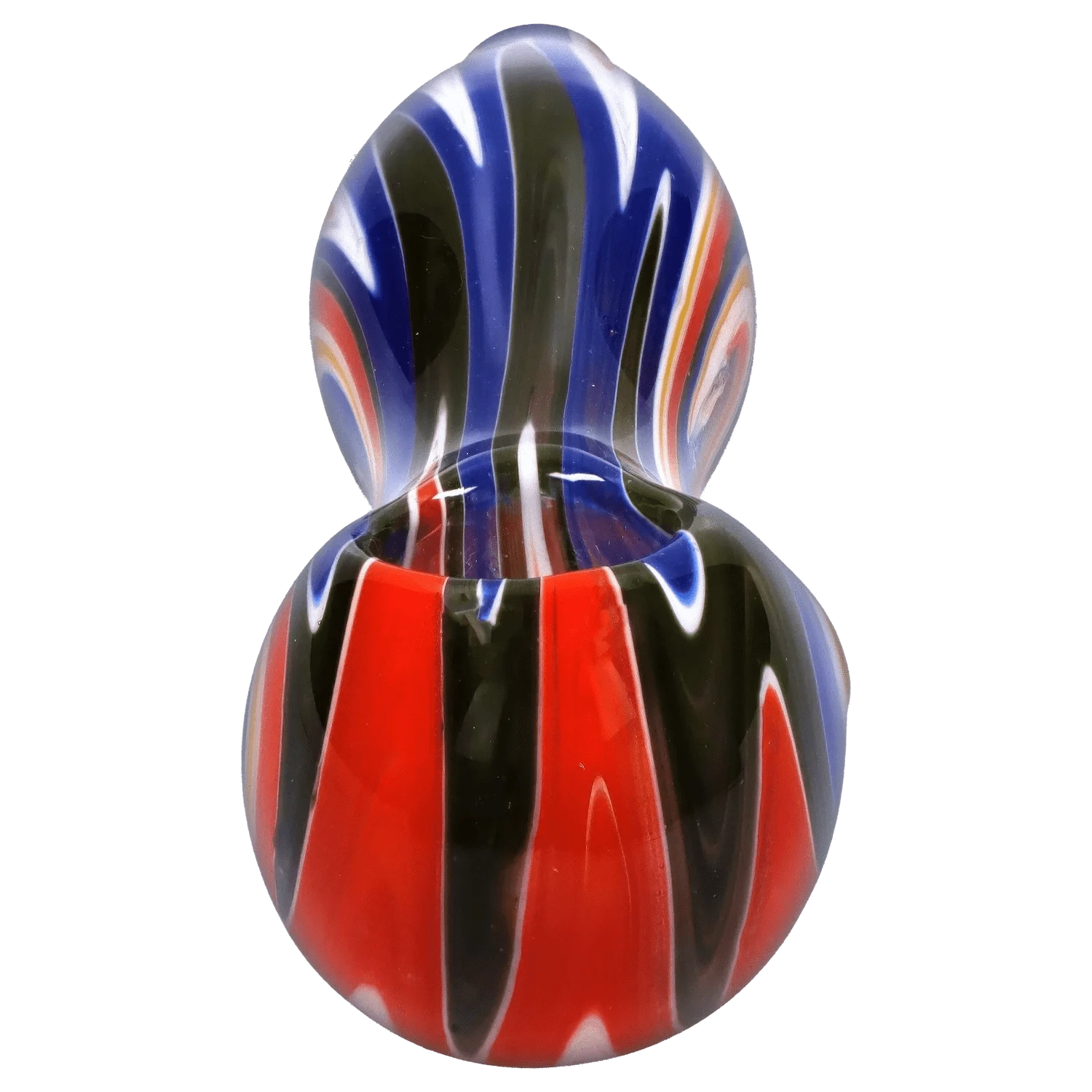 Close-up front view of the DHC Slime Reversal Wig Wag Spoon Pipe - 4.5 in., showing glossy red, black and blue striped glass with a rounded bowl.