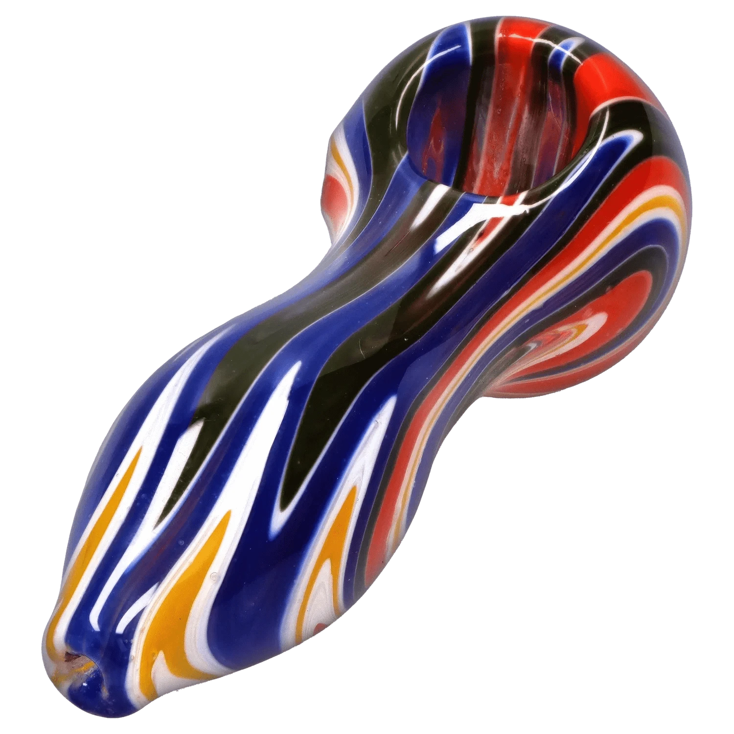 Angled close-up of the DHC Slime Reversal Wig Wag Spoon Pipe - 4.5 in. showing glossy blue, red, yellow and white swirled stripes.