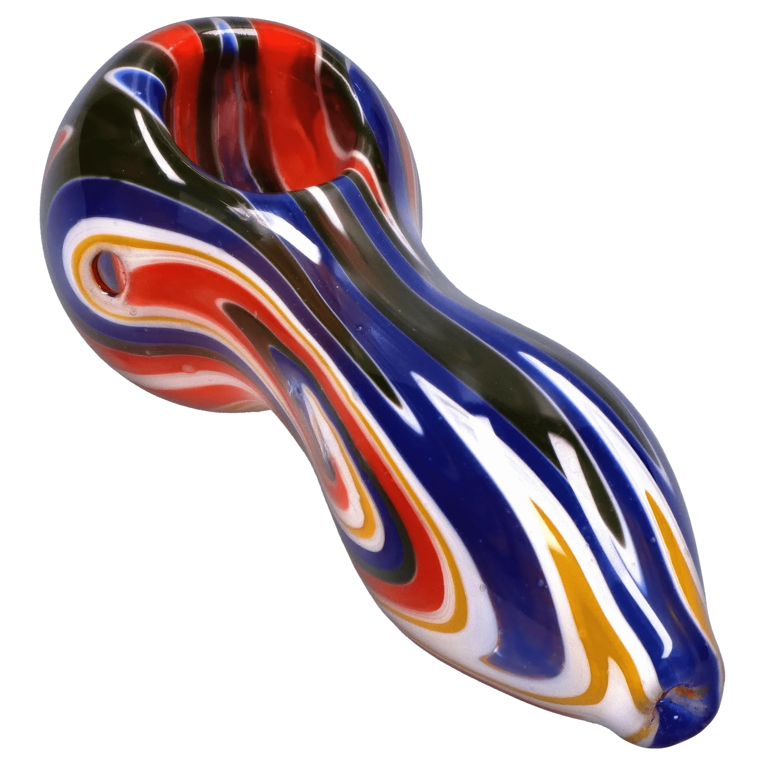Angled close-up of the DHC Slime Reversal Wig Wag Spoon Pipe - 4.5 in. showing glossy red, blue, black, white, and yellow swirls around the bowl.