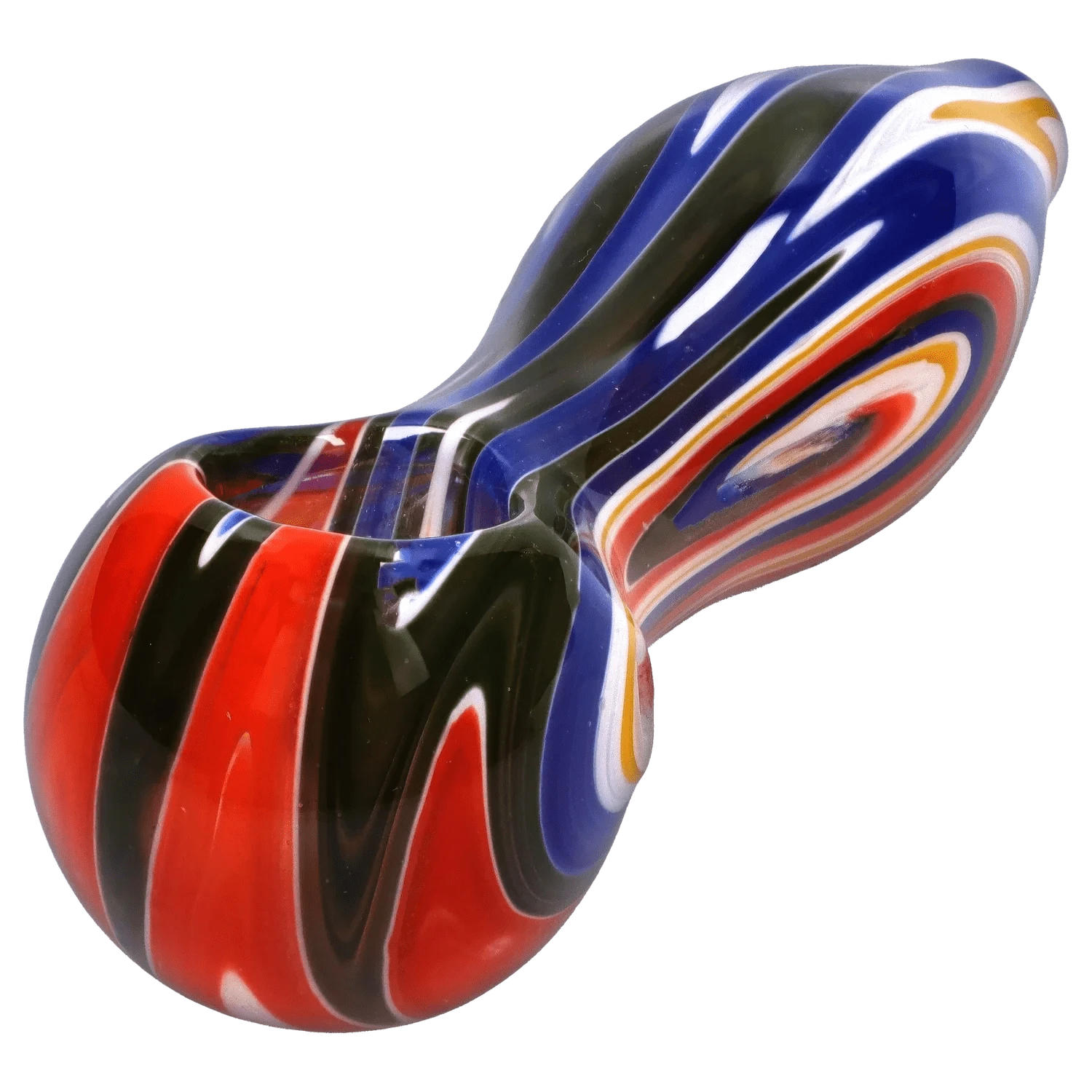 Close-up angled view of the DHC Slime Reversal Wig Wag Spoon Pipe - 4.5 in. showing glossy red, black, blue and white swirled bands and a rounded bowl.