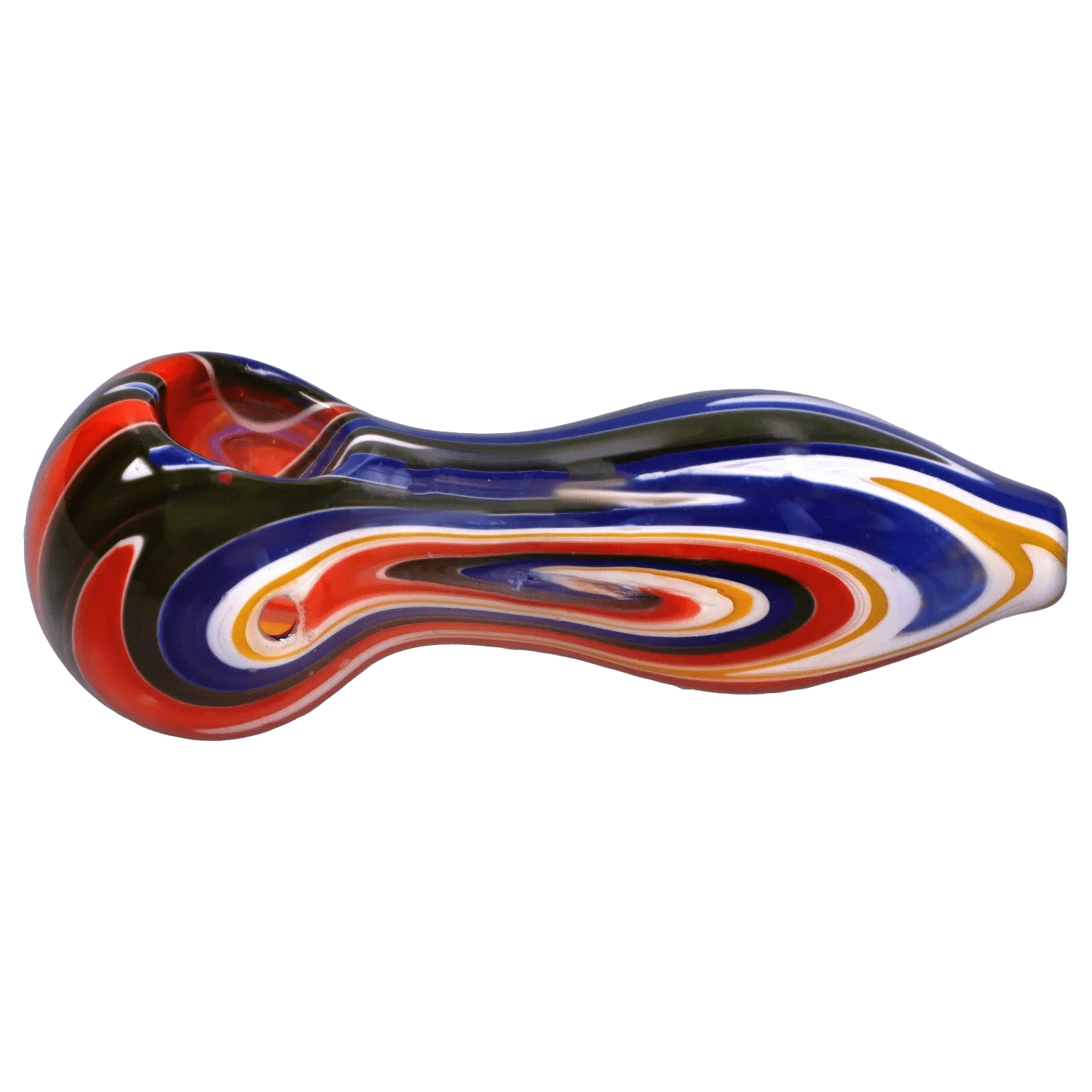 Side profile of the DHC Slime Reversal Wig Wag Spoon Pipe - 4.5 in. showing glossy, swirled red, blue, white, yellow, and black concentric patterns.