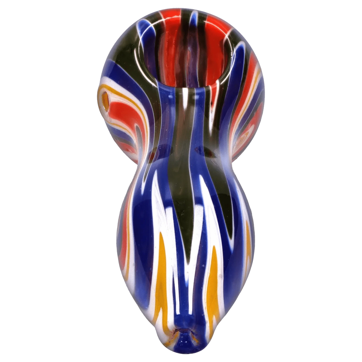 Top-down close-up of the DHC Slime Reversal Wig Wag Spoon Pipe - 4.5 in. showing red, blue, white, yellow and black swirled wig-wag stripes around the bowl and handle.