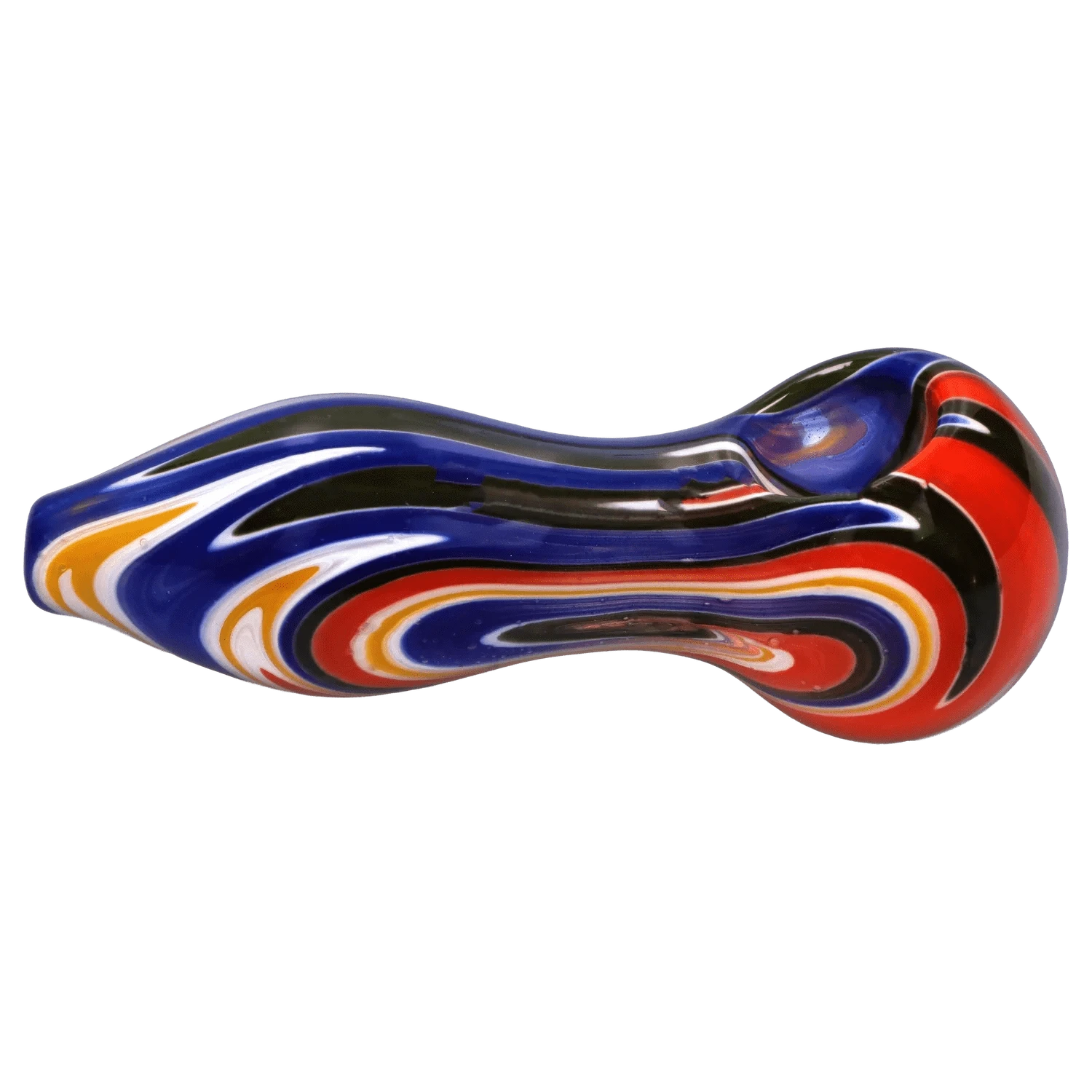 Side view of the DHC Slime Reversal Wig Wag Spoon Pipe - 4.5 in. showing swirling blue, red, yellow, black, and white bands.