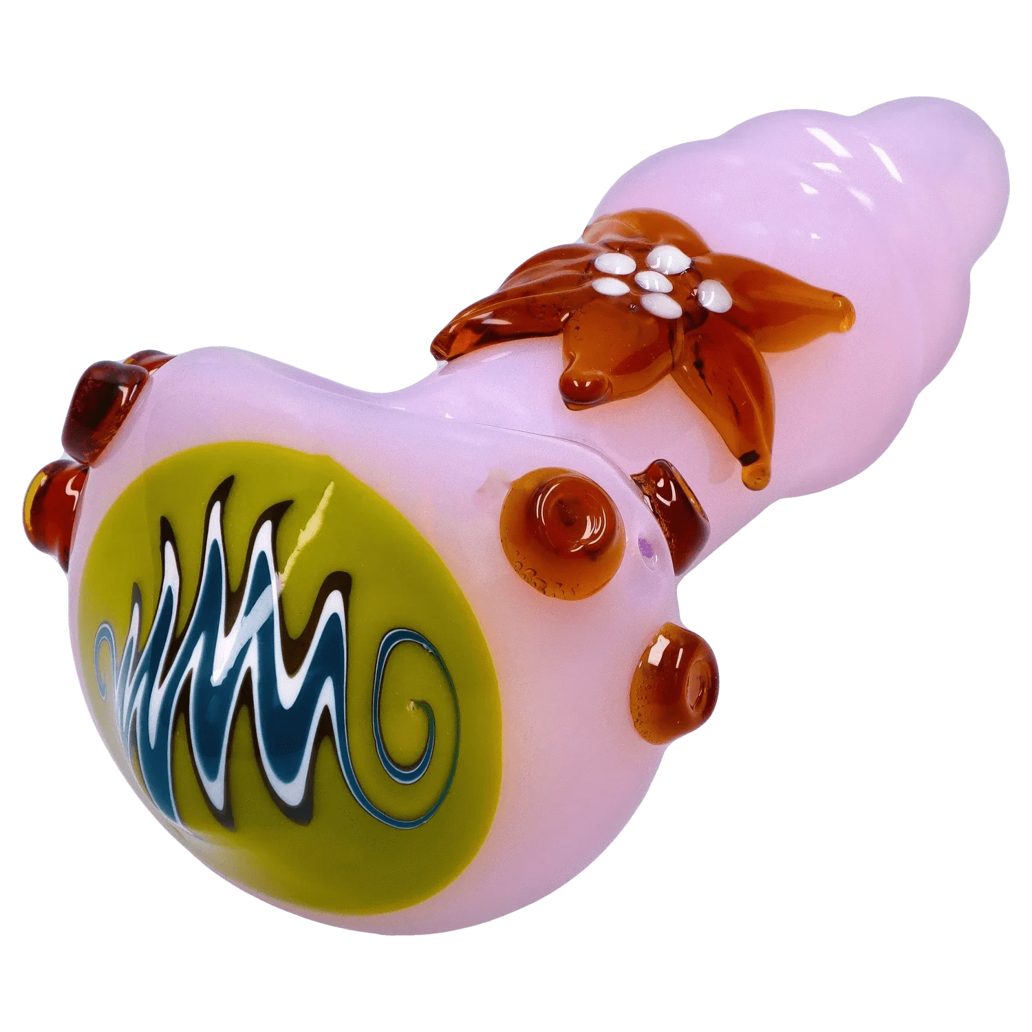 Close-up angled view of the pink DHC Star Reversal Spoon Pipe - 4.5 in. showing a green swirl bowl and amber floral glass accents.