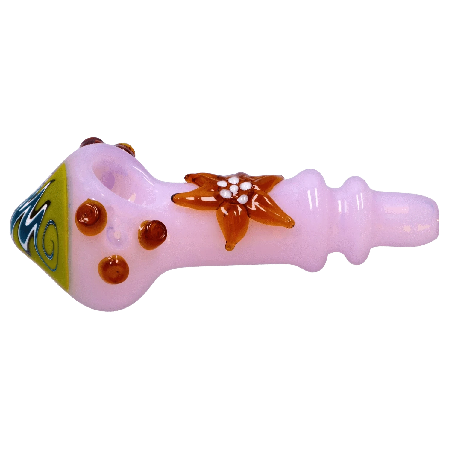 Side view of the pink DHC Star Reversal Spoon Pipe - 4.5 in. with amber floral decoration and a patterned yellow-green bowl end