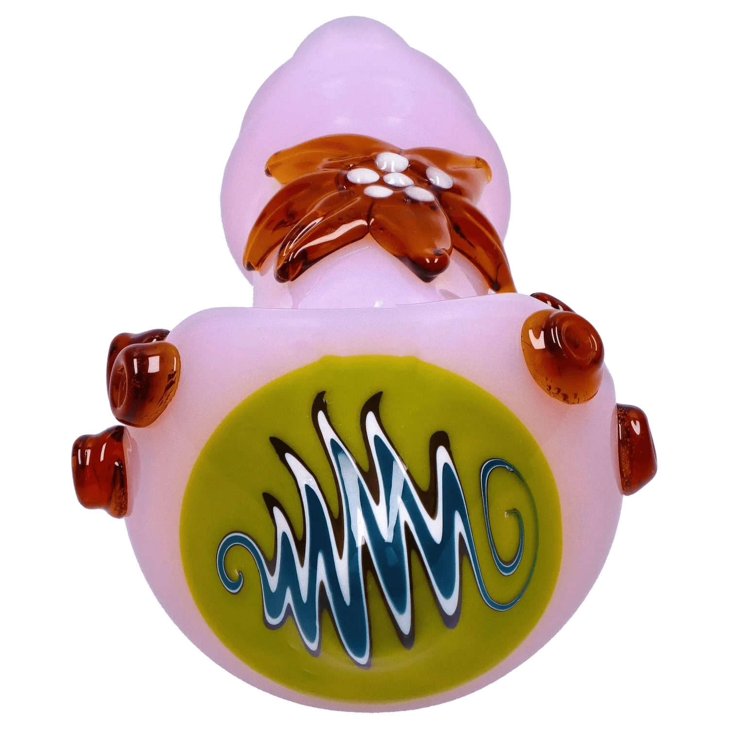 Close-up top view of the DHC Star Reversal Spoon Pipe - 4.5 in., showing its pink glass body with amber floral accents and a green circular swirl motif.