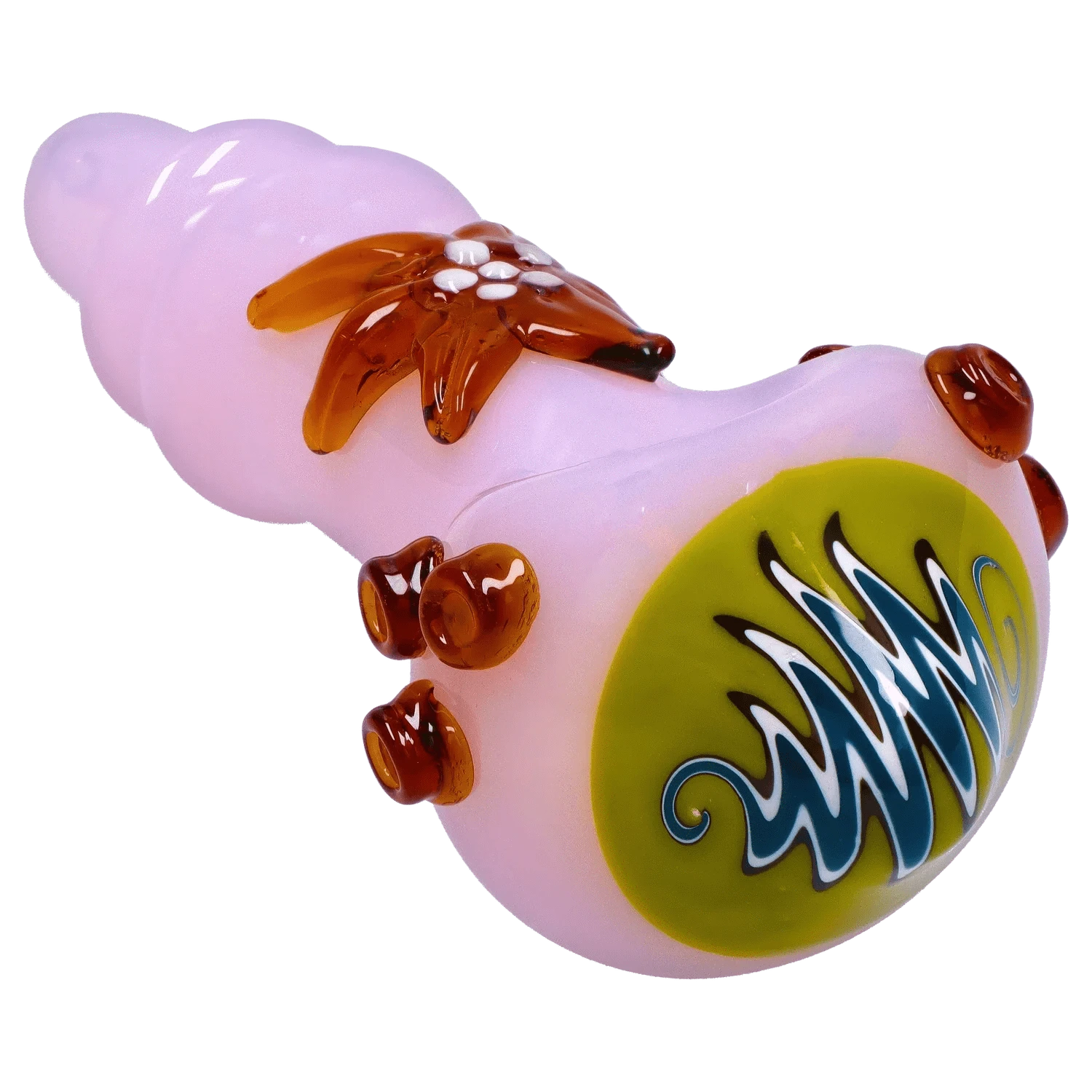 Close-up angled view of the DHC Star Reversal Spoon Pipe - 4.5 in., showing its pale pink body, amber flower accents, and green circular mouthpiece decal.