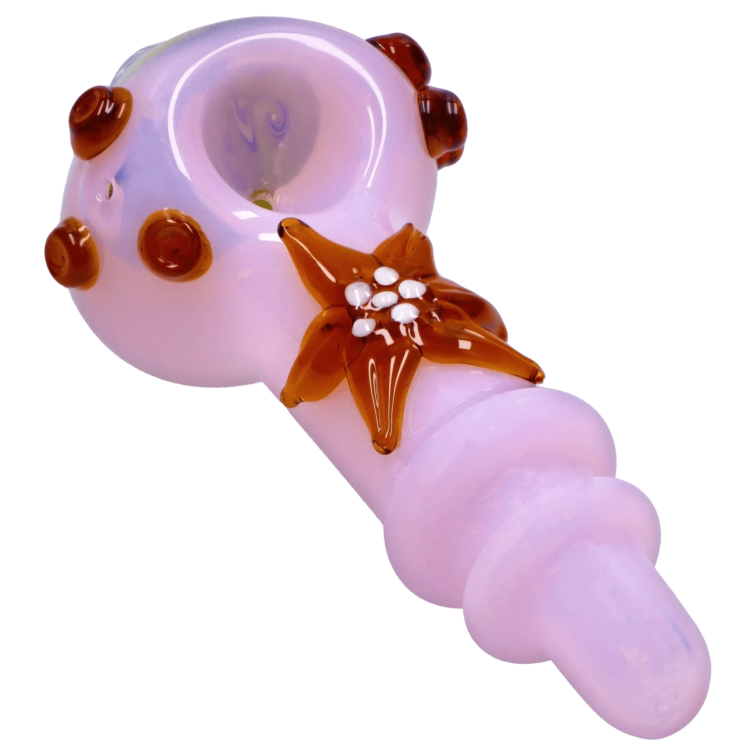 Close-up, angled view of the DHC Star Reversal Spoon Pipe - 4.5 in. showing a pale pink glass body with amber star and dot accents.