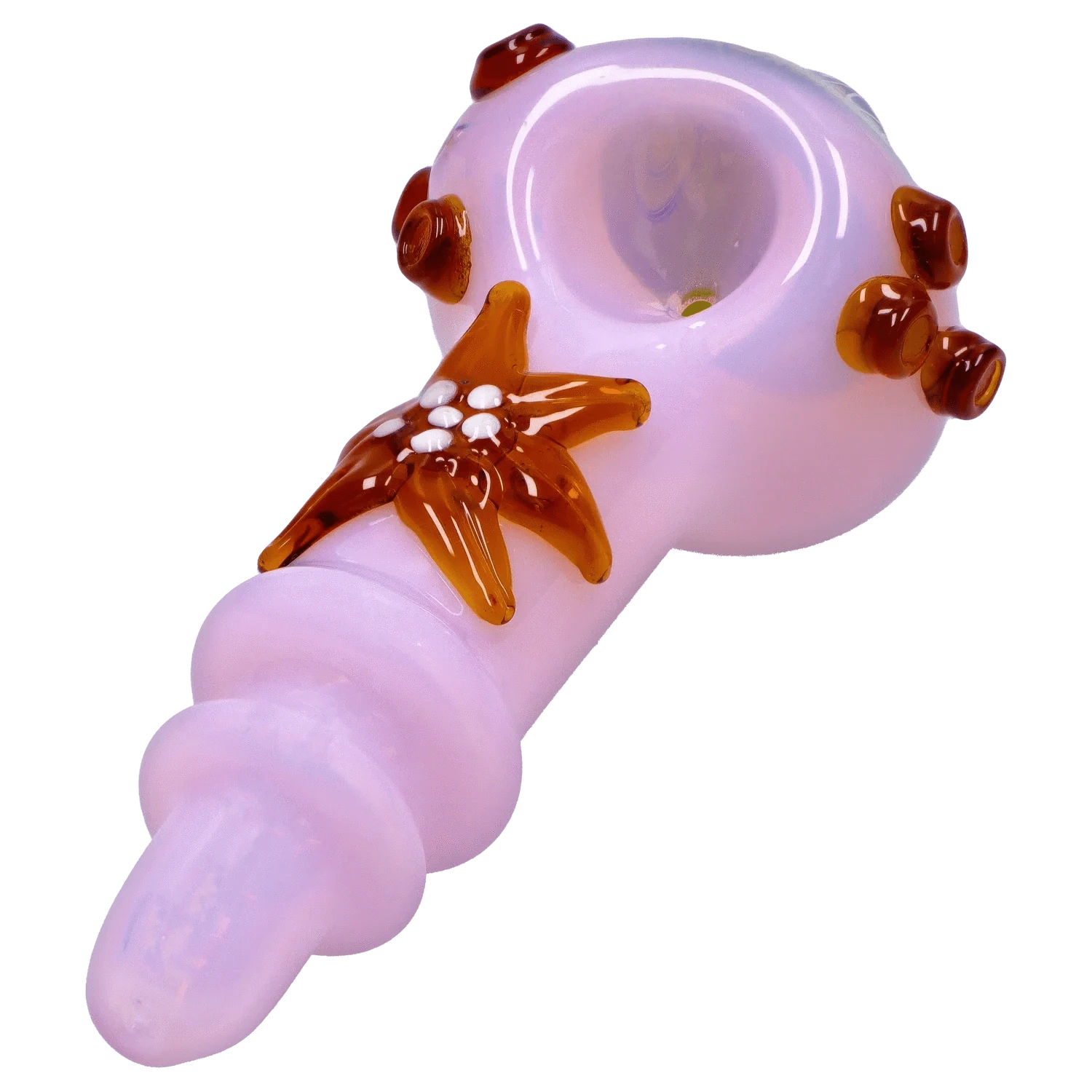 Angled close-up of the pink DHC Star Reversal Spoon Pipe - 4.5 in. showing the bowl rim and amber starfish decoration on the handle