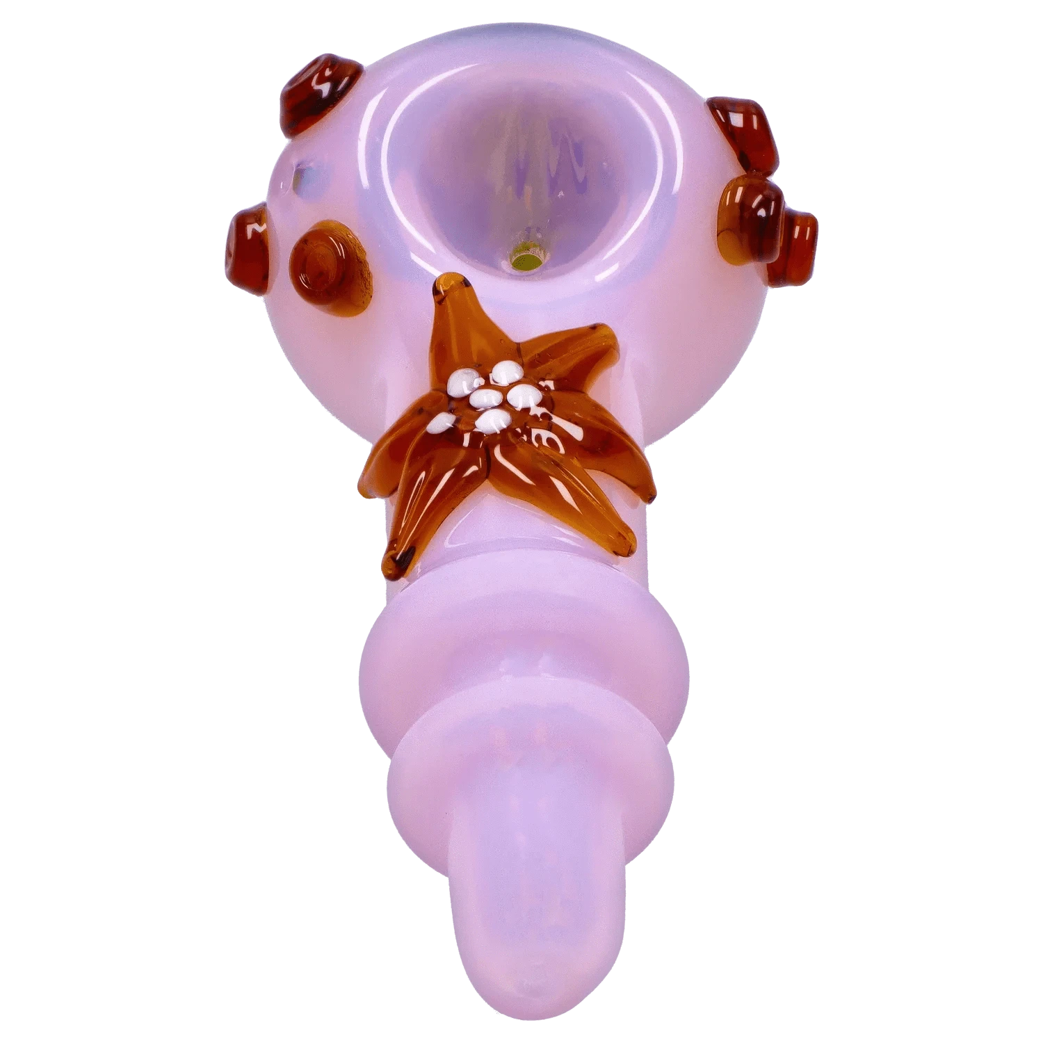 Top-down view of the DHC Star Reversal Spoon Pipe - 4.5 in. showing a pale pink glass bowl with amber star and knob accents.