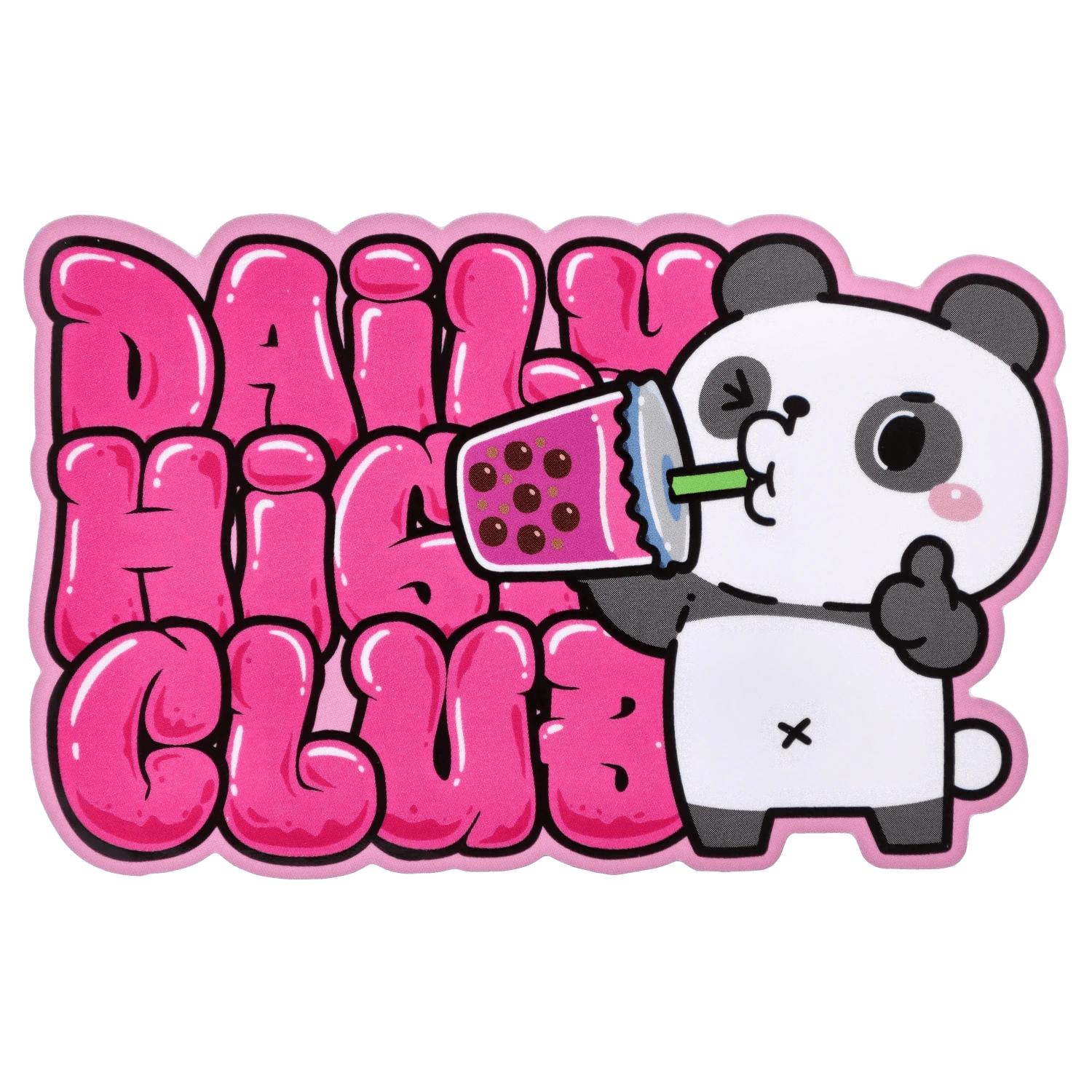 Bright pink bubble letters form "DAILY HIGH CLUB" next to a winking panda sipping a purple boba drink in the "Boba and Blaze" Smoking Box.