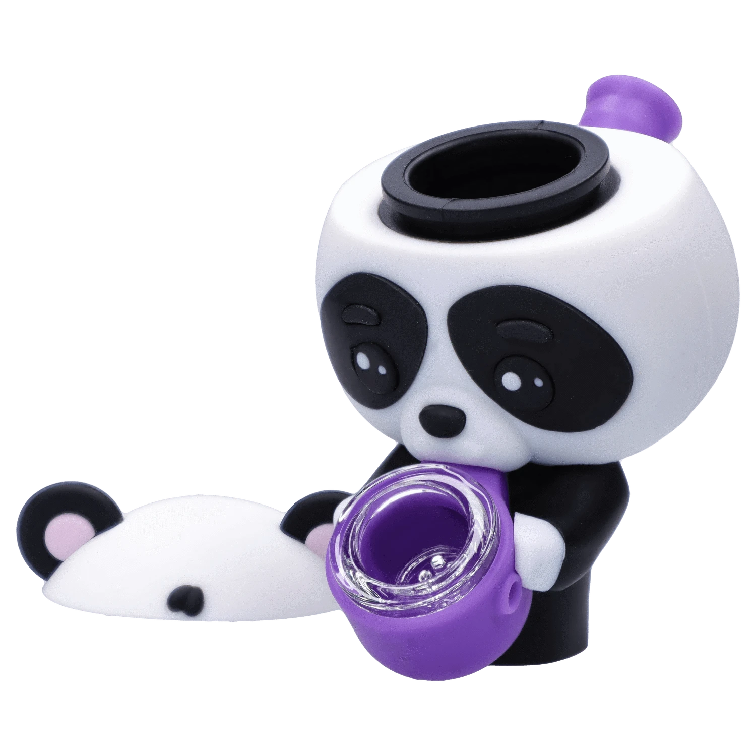 Close-up three-quarter view of the white and black panda holding a purple bowl in the "Boba and Blaze" Smoking Box.