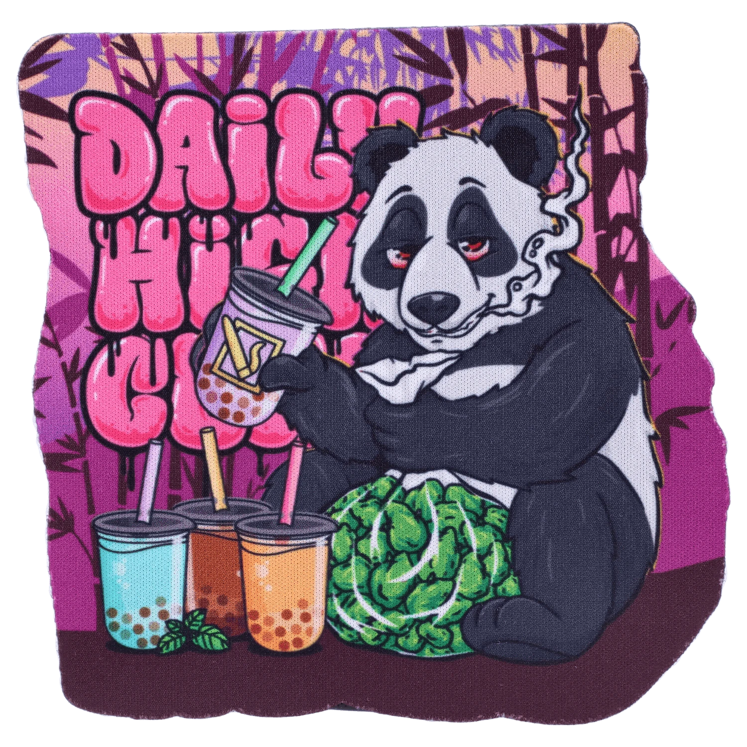 Front-facing illustration of a sleepy panda holding a smoking cup and boba drinks against pink graffiti lettering reading "DAILY HIGH CLUB" on the "Boba and Blaze" Smoking Box.