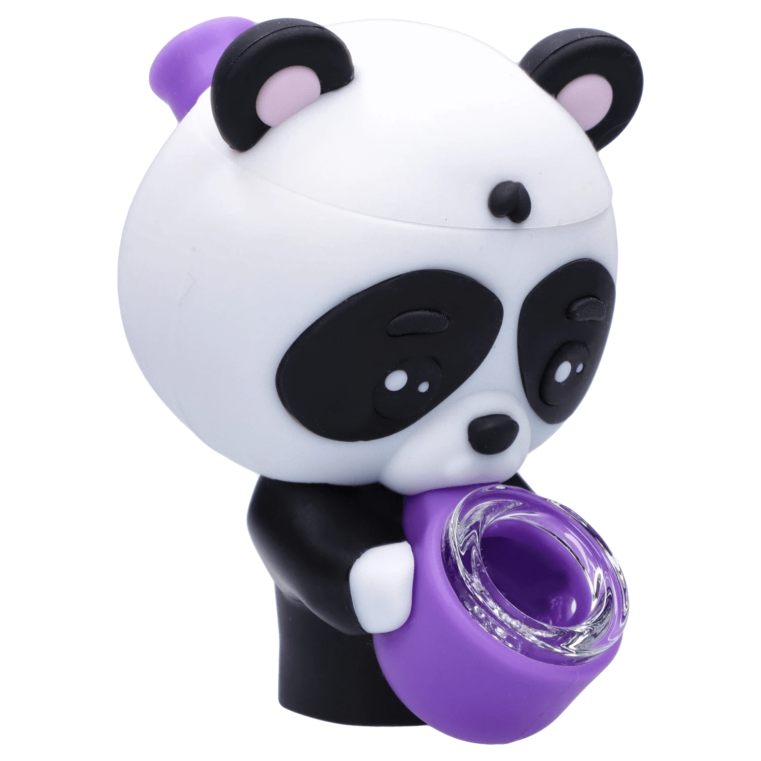 Close-up three-quarter view of the panda-shaped "Boba and Blaze" Smoking Box holding a purple glass bowl.