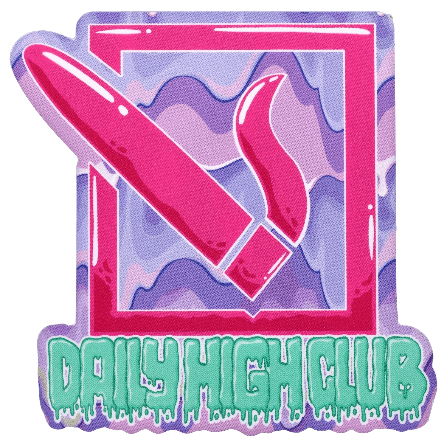 Top-down view of a vibrant pink and purple sticker graphic featuring the "Boba and Blaze" Smoking Box with stylized dripping mint-green "Daily High Club" text below.