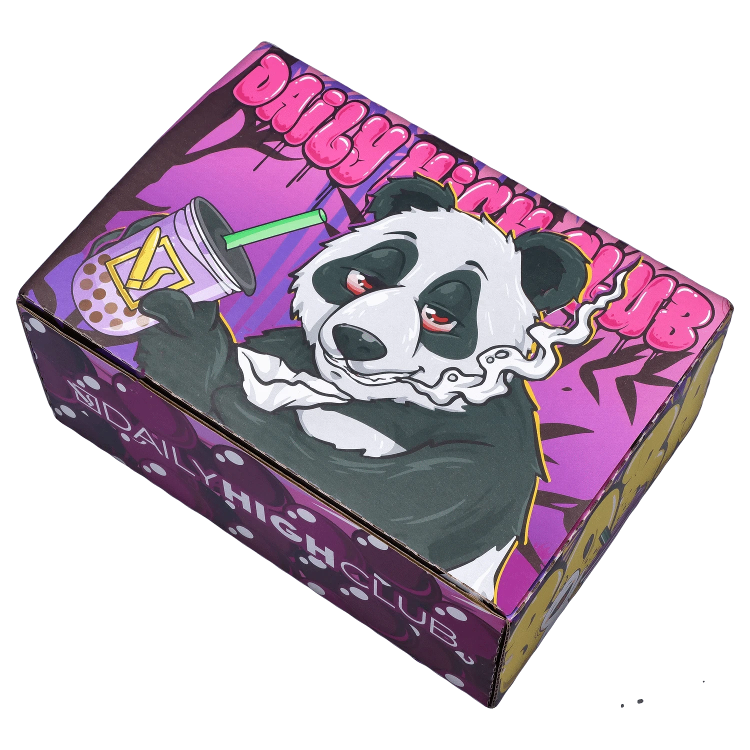 Angled top-down view of a purple box illustrated with a bleary-eyed panda and bubble tea on the "Boba and Blaze" Smoking Box