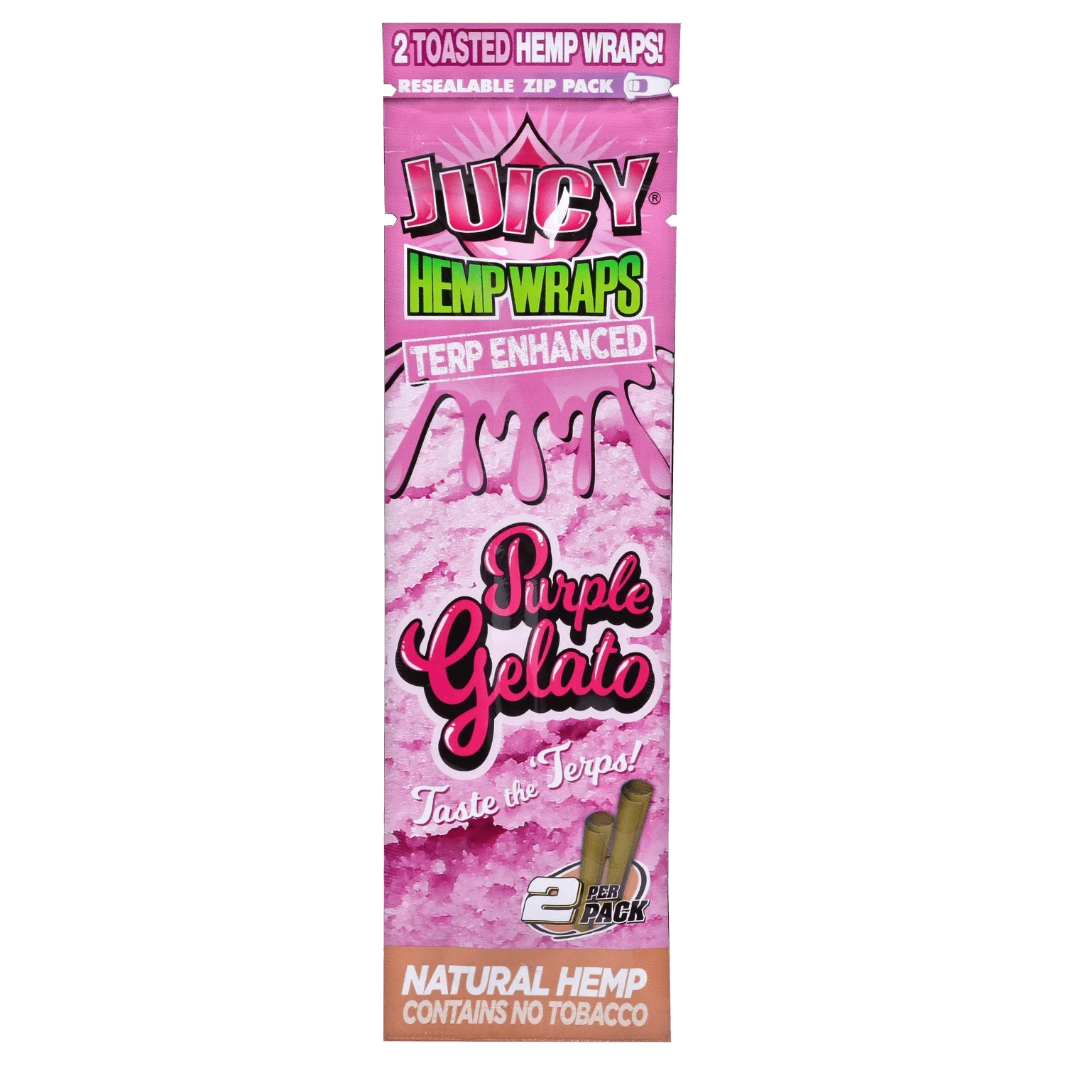 Vertical close-up of the pink "Boba and Blaze" Smoking Box package showing dripping paint graphics and "Purple Gelato" text.