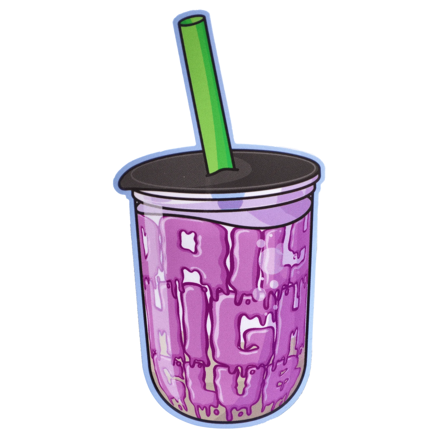 Top-down angled view of a purple, drippy cup with a black lid and bright green straw labeled "Boba and Blaze" Smoking Box.
