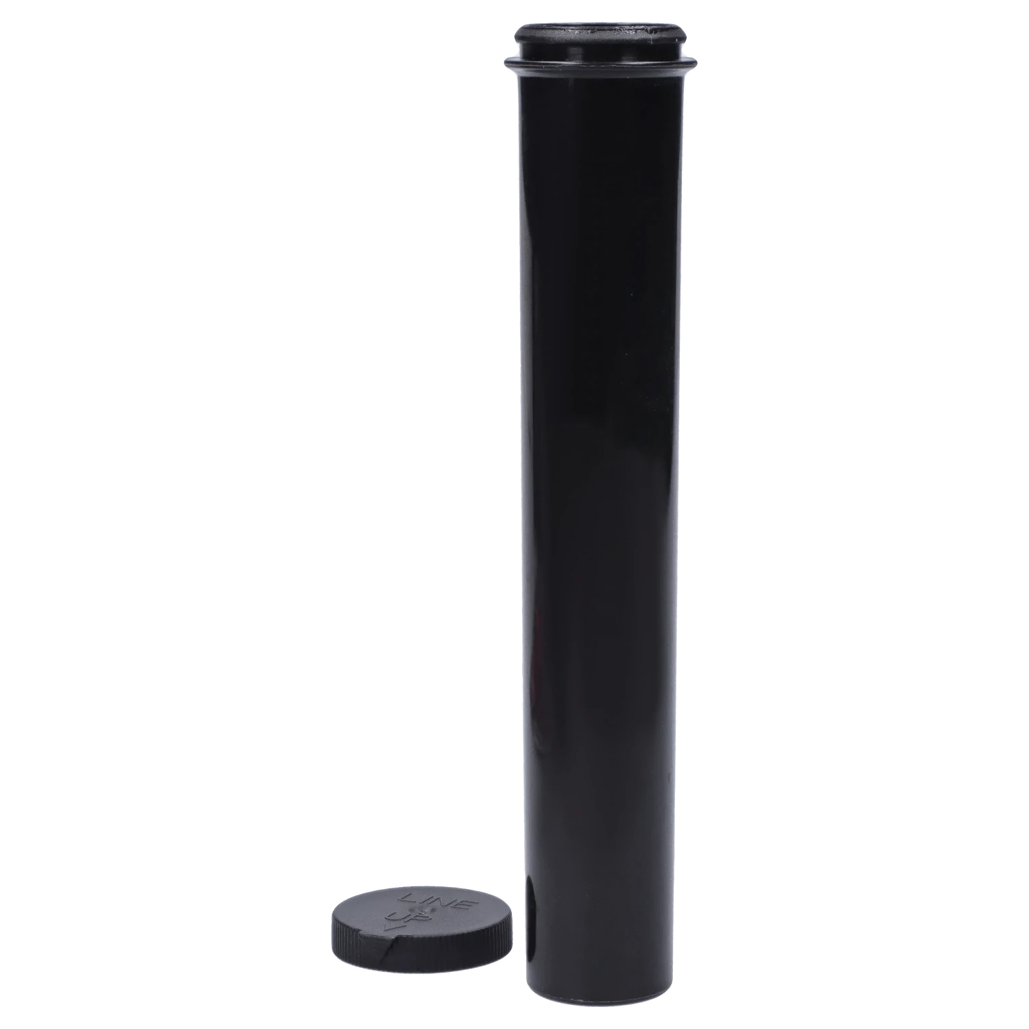 Tall, straight black tube photographed front-on with a round cap beside it, shown as the "Boba and Blaze" Smoking Box.