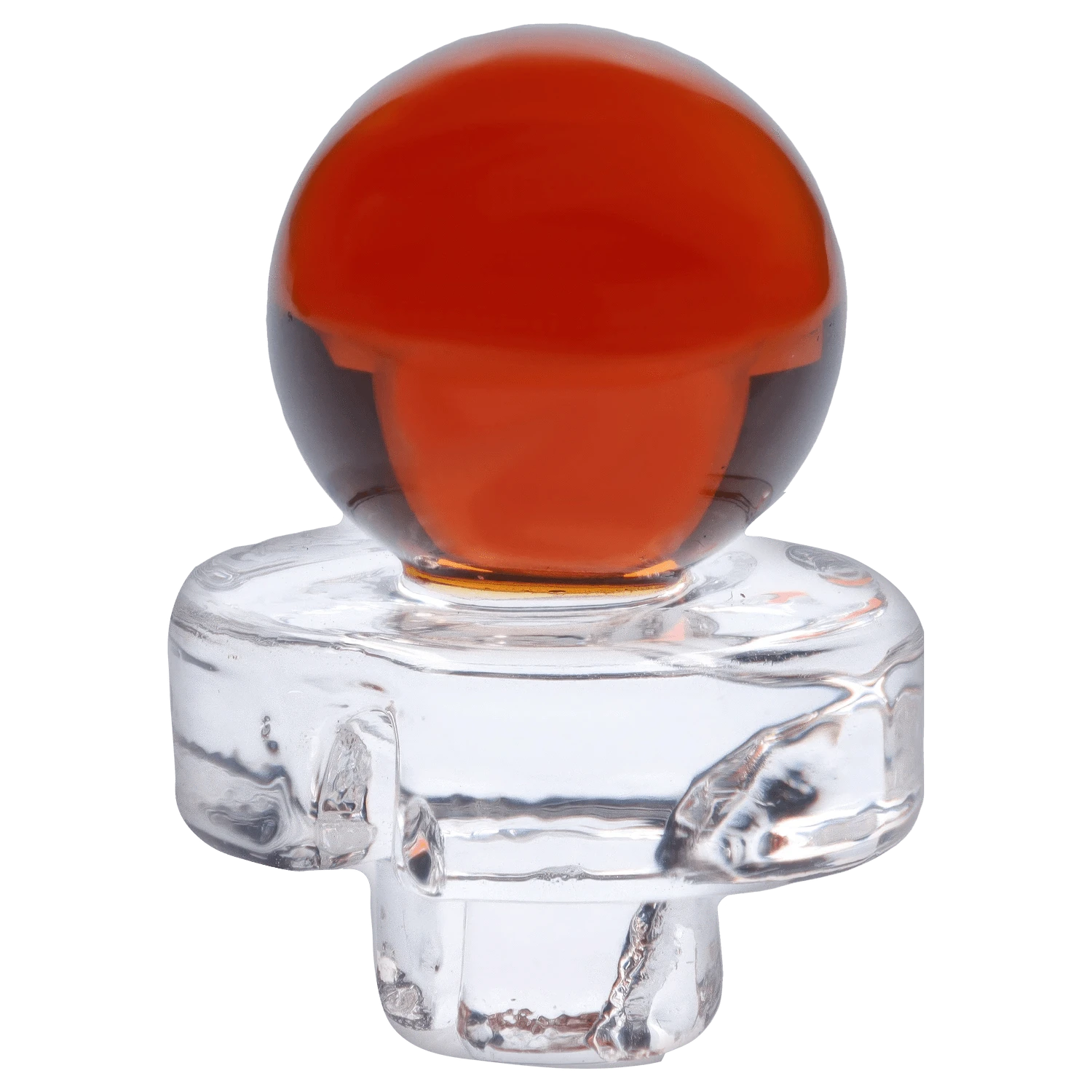 Close-up front view of a glossy red glass knob mounted on a clear base, the "Boba and Blaze" Smoking Box shown against a plain background.
