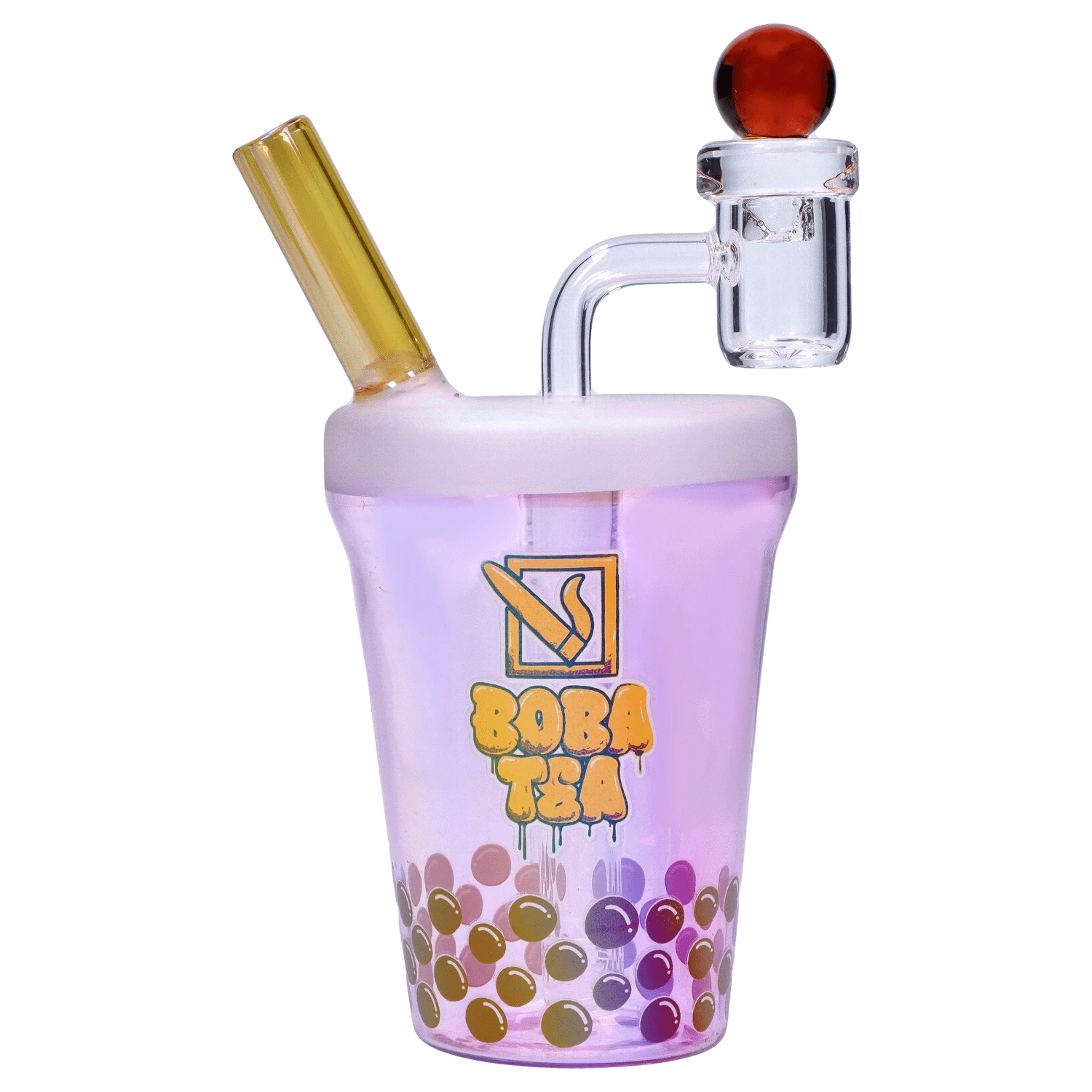 Close-up front view of a pastel purple cup with boba pearls and a tilted amber straw, labeled "Boba and Blaze" Smoking Box.