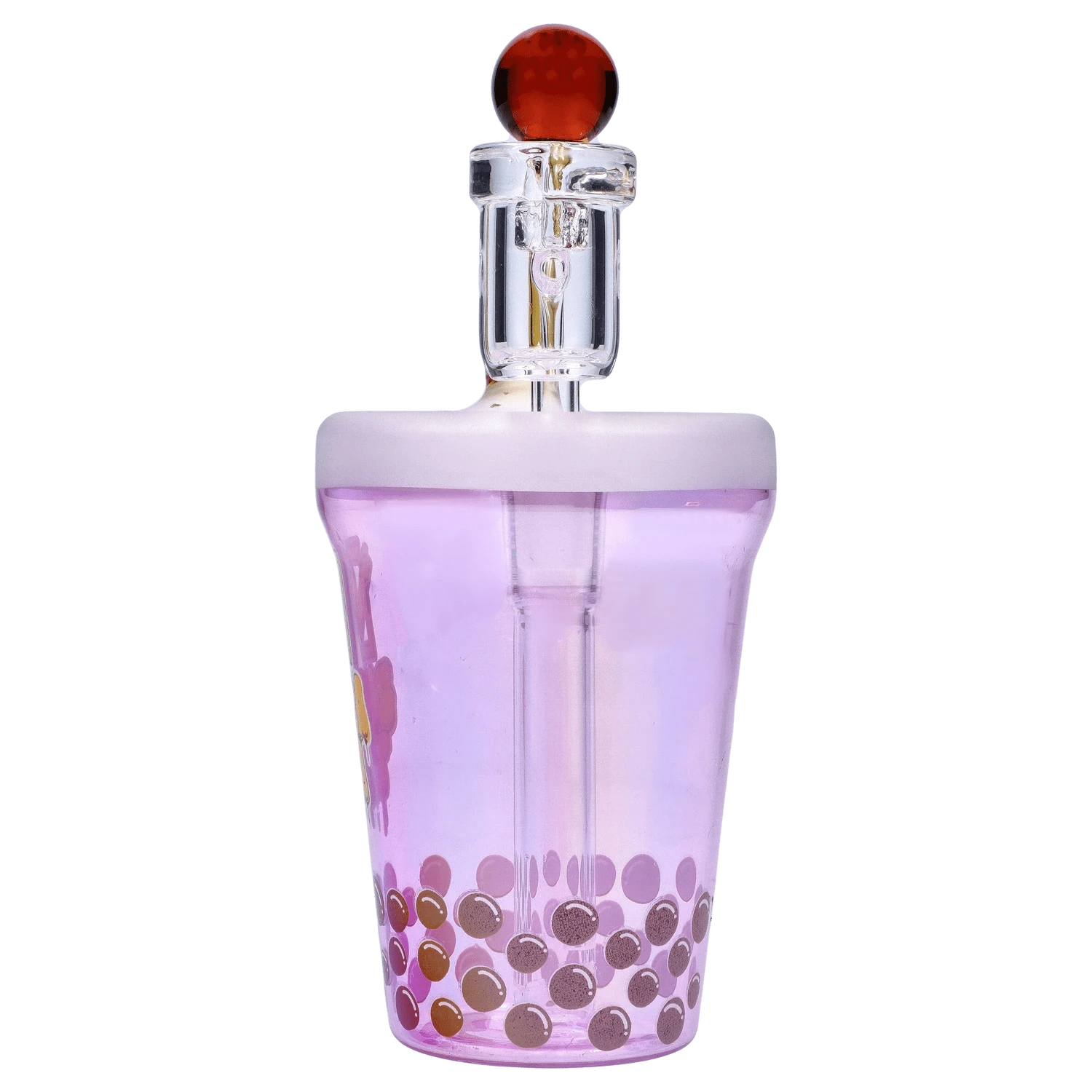 Close-up front view of a translucent pink "Boba and Blaze" Smoking Box cup with a clear glass stopper topped by a red ball.
