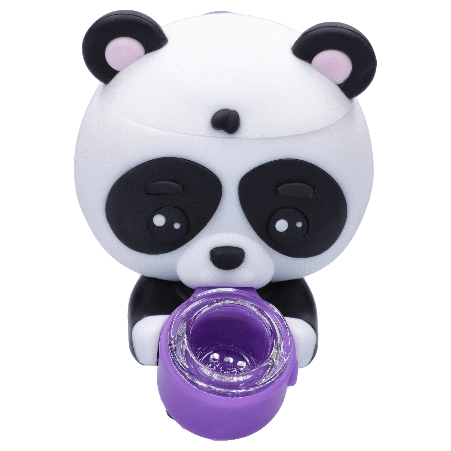 Close-up front view of a panda-shaped figurine holding a purple glass bowl, the "Boba and Blaze" Smoking Box shown from above.