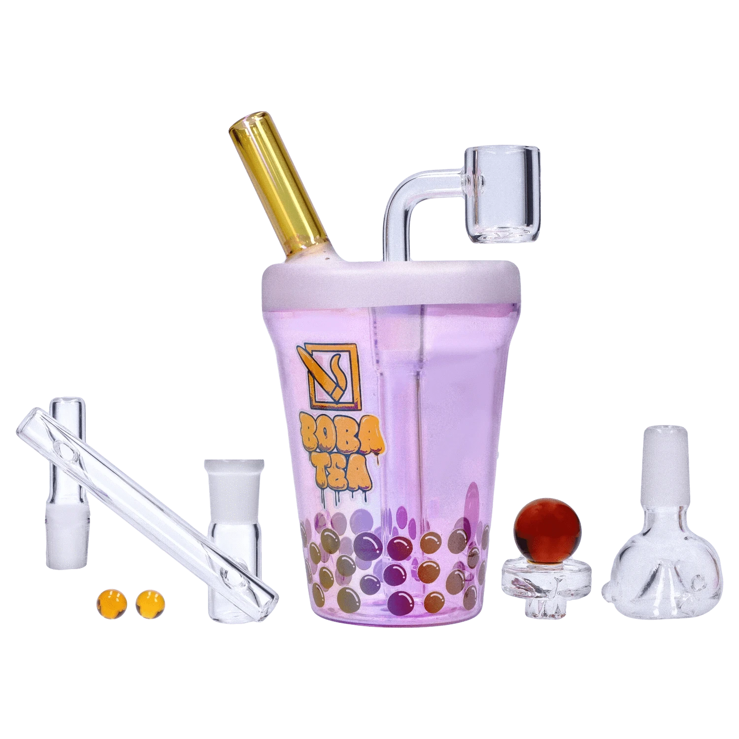 Centered front view of the pink cup with bubble graphics and accessories labeled "Boba and Blaze" Smoking Box.