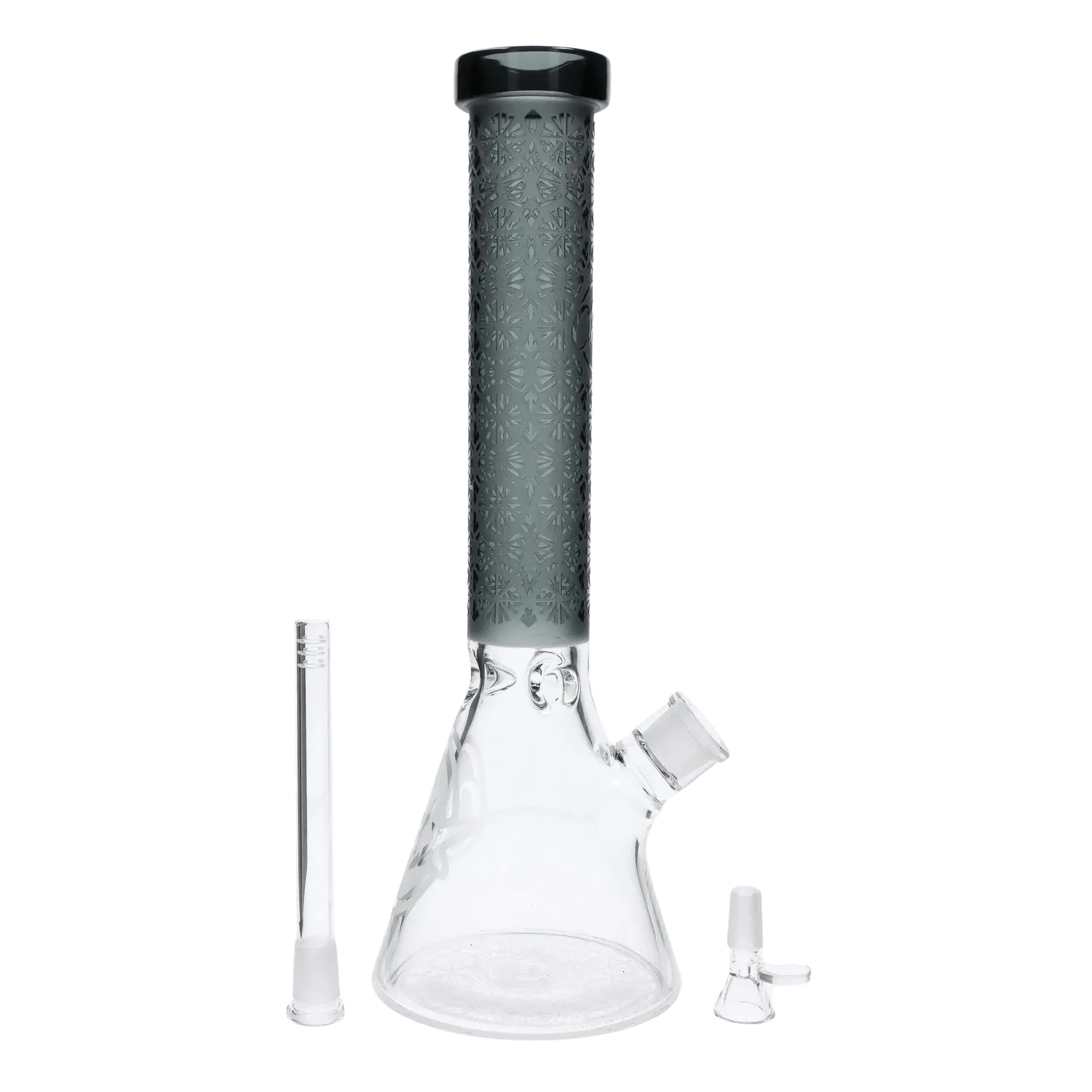 Center-front view of the black Patterned Printed w/ Colored Tube Beaker - Black - 14 in. showing its patterned straight neck and clear beaker base against a white background