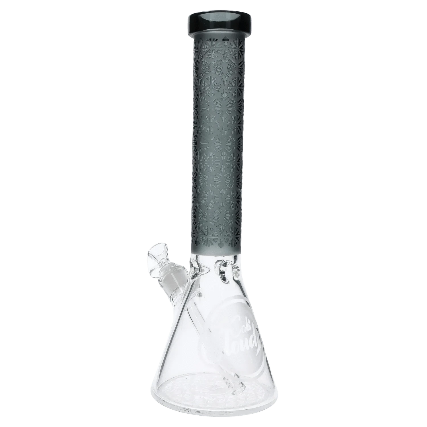 Top-front view of the Patterned Printed w/ Colored Tube Beaker - Black - 14 in. showing the tall black patterned tube rising from a clear glass beaker base.